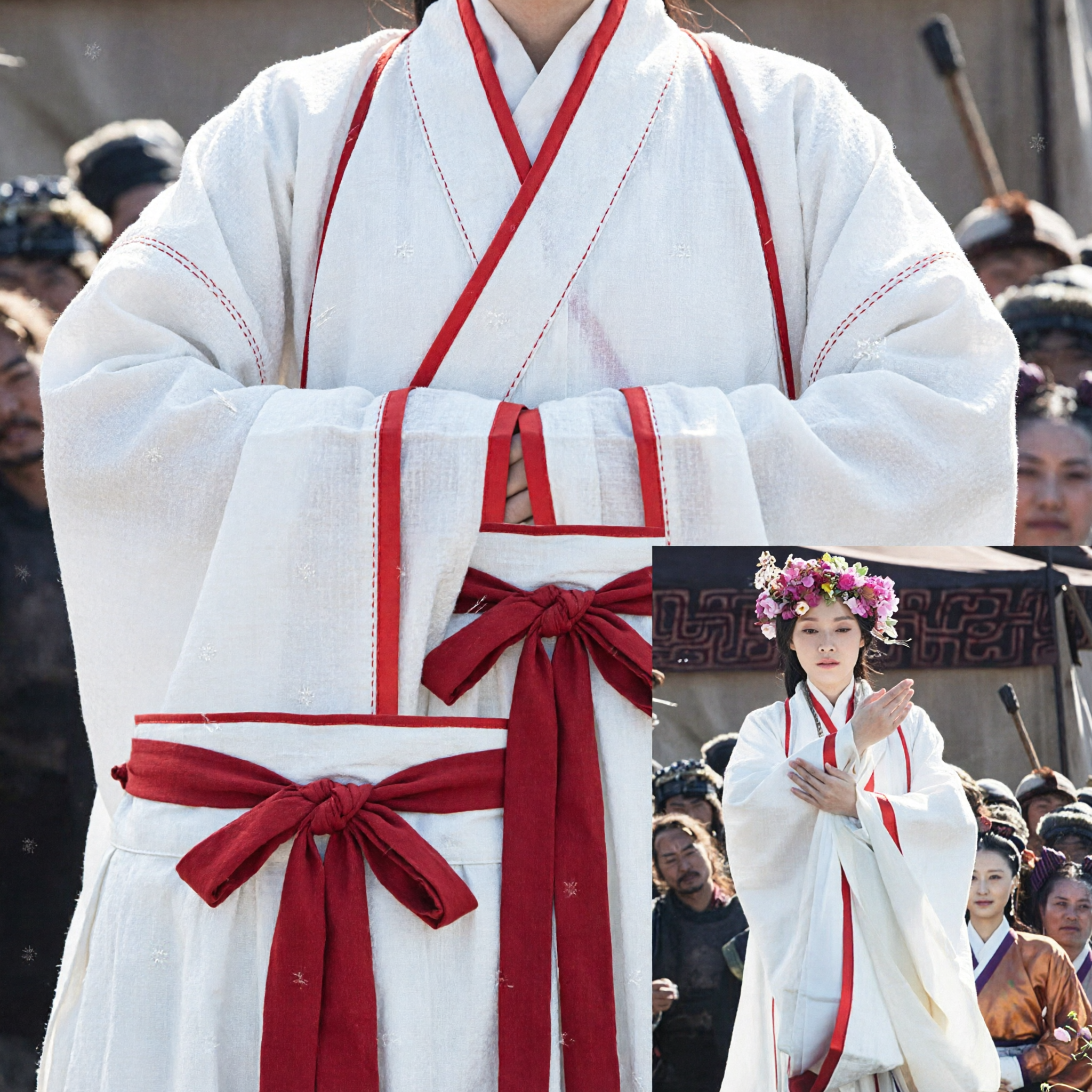 Traditional White Korean Hanbok Costume Set with Floral Headpiece for Women Ancient Royal Dress