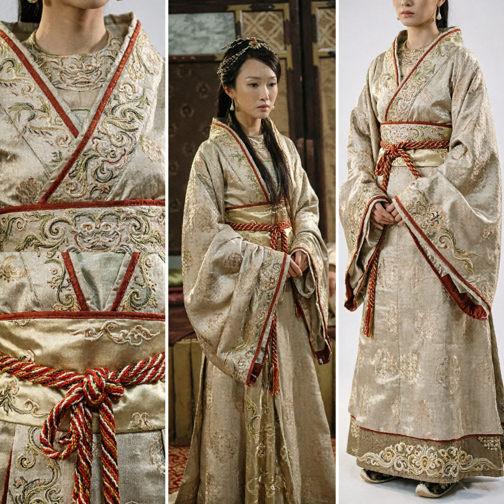 Ancient Chinese Han Dynasty Noble Lady Gold Brocade Hanfu Costume Traditional Dress for Women