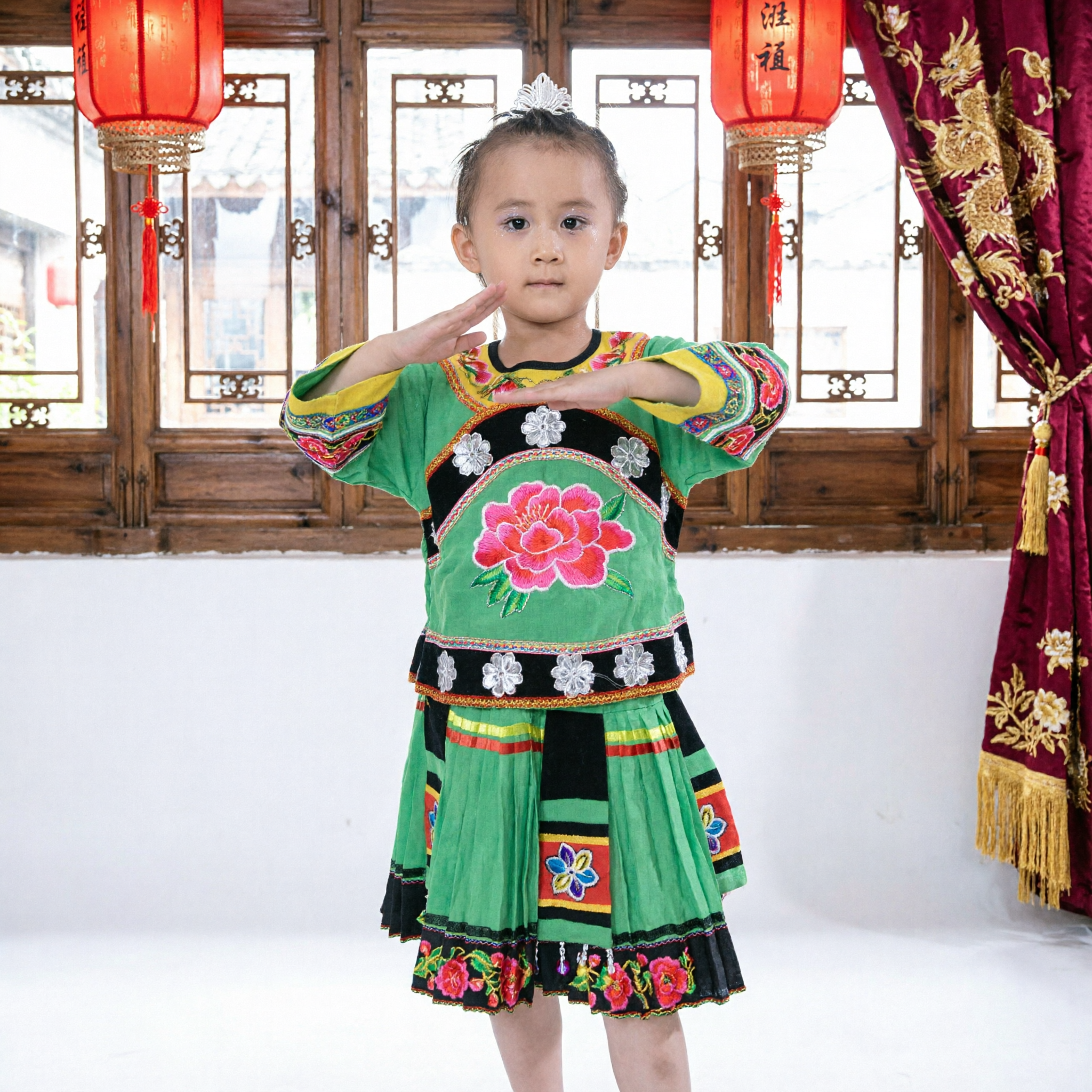Traditional Chinese Miao Ethnic Green Embroidered Costume for Girls Kids Dance Performance Stage Wear