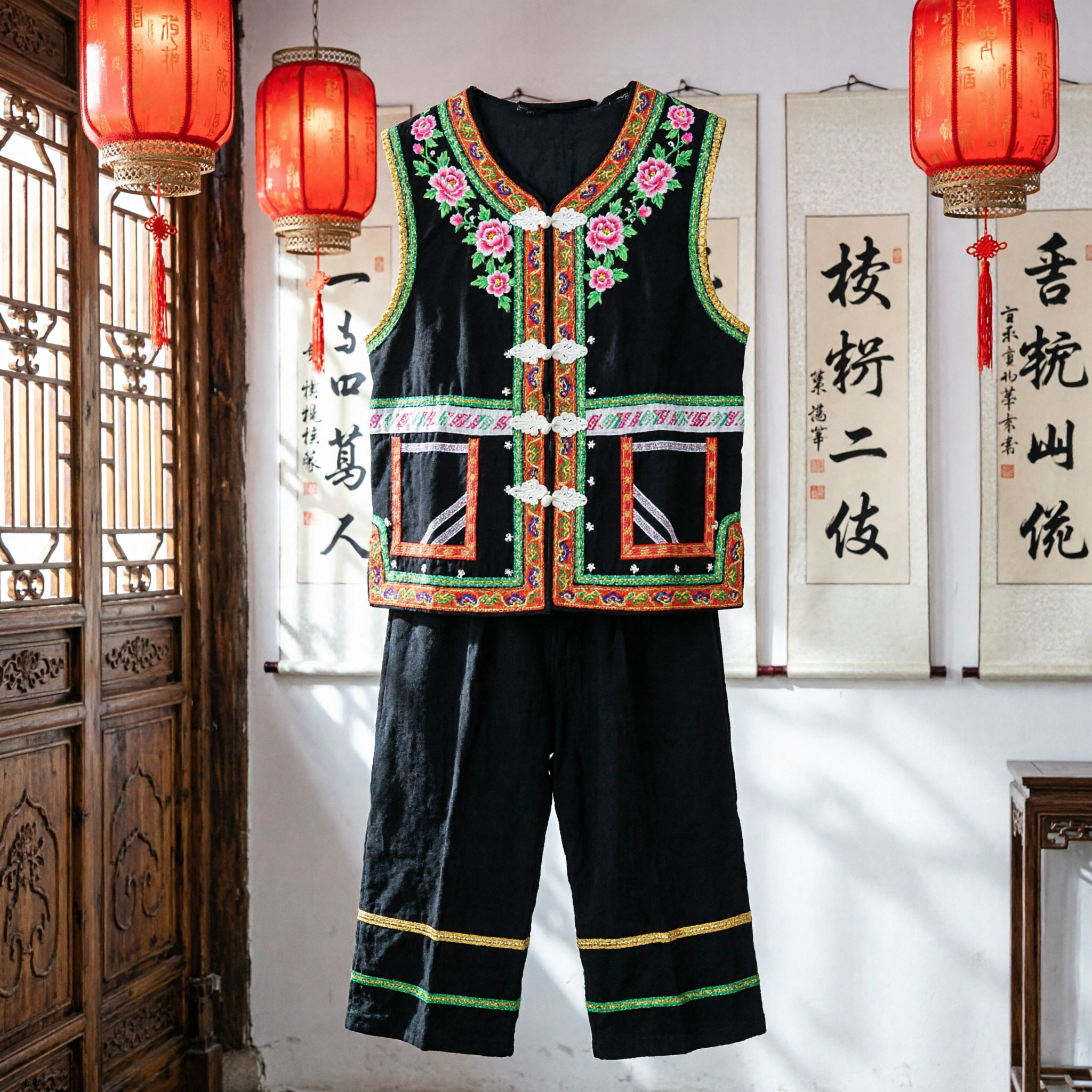 Traditional Chinese Yi Ethnic Minority Black Embroidered Vest and Pants Costume for Folk Dance Stage Performance