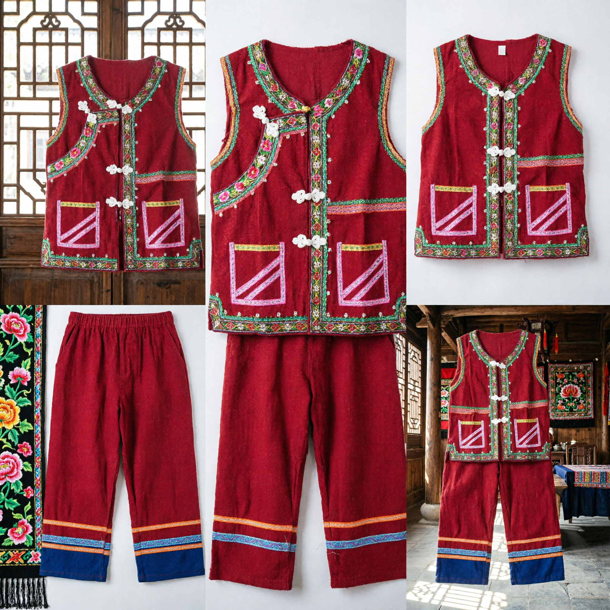 Traditional Chinese Red Folk Dance Costume Embroidered Vest and Pants Set for Yangge and Waist Drum Performance