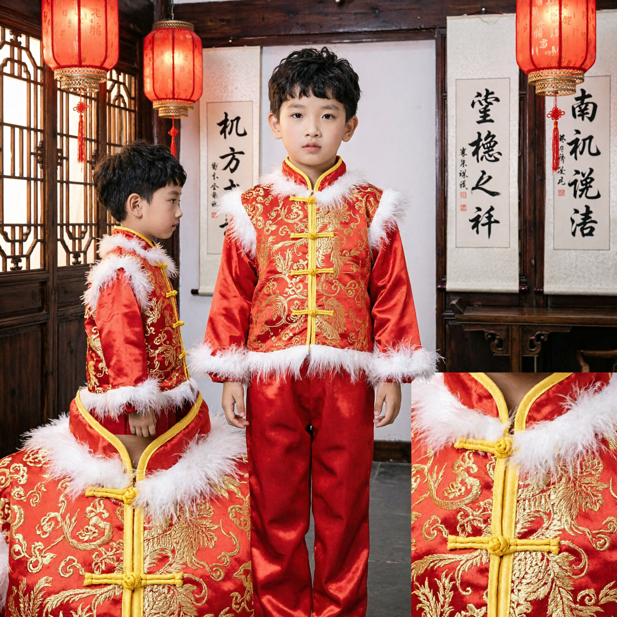 Boys Traditional Chinese Tang Suit Red Dragon Embroidery Winter New Year Festival Costume Set