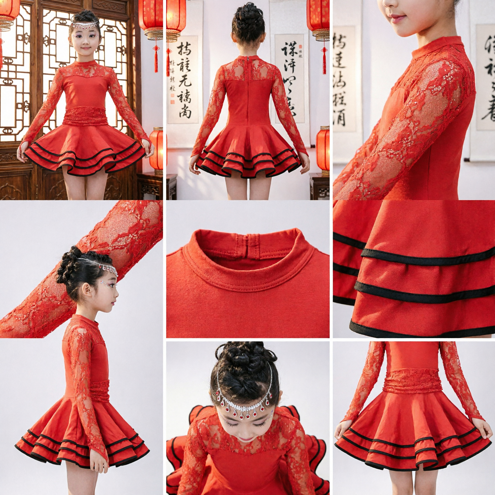 Girls Red Latin Dance Dress Long Sleeve Lace Top Ruffled Skirt Performance Costume for Kids