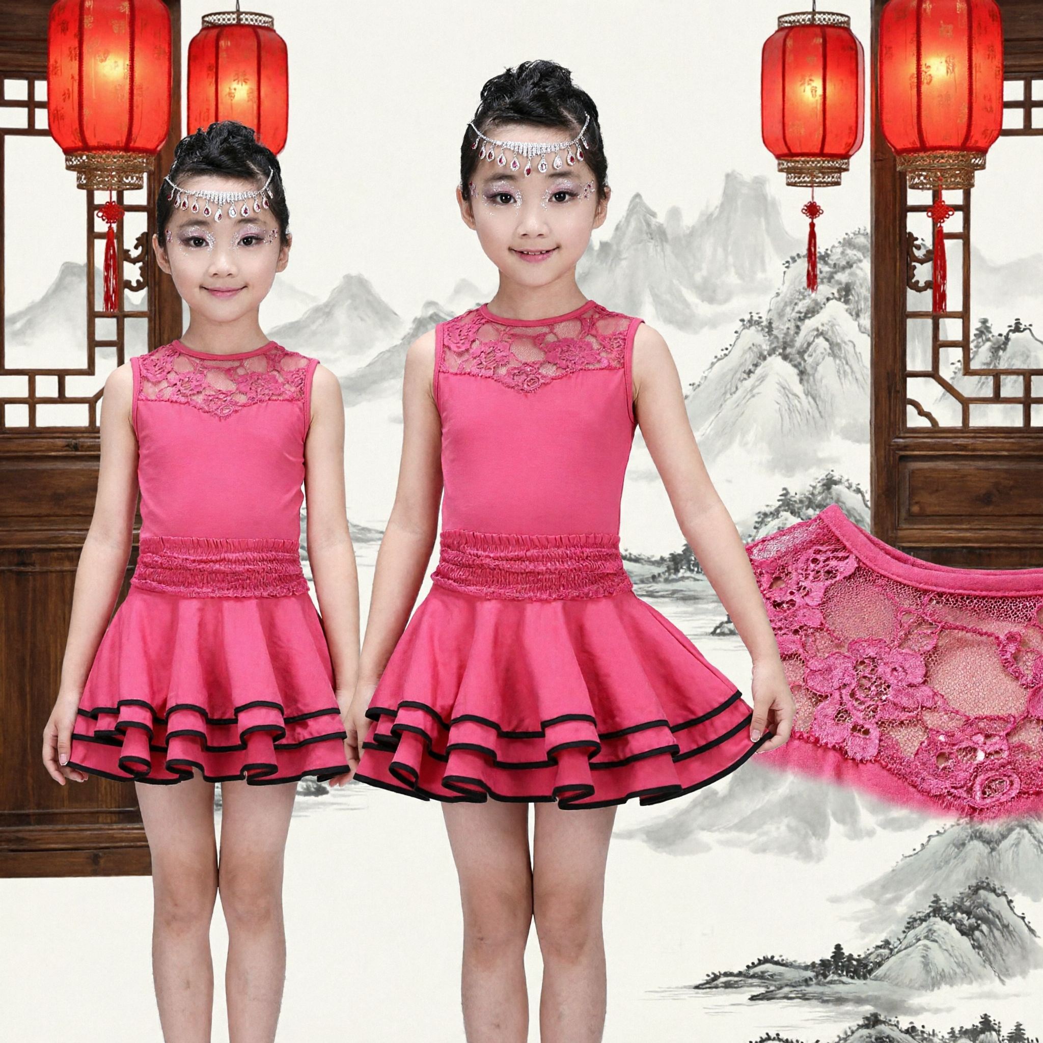 Kids Girls Pink Latin Dance Dress Sleeveless Ruffle Skirt Stage Performance Ballroom Costume