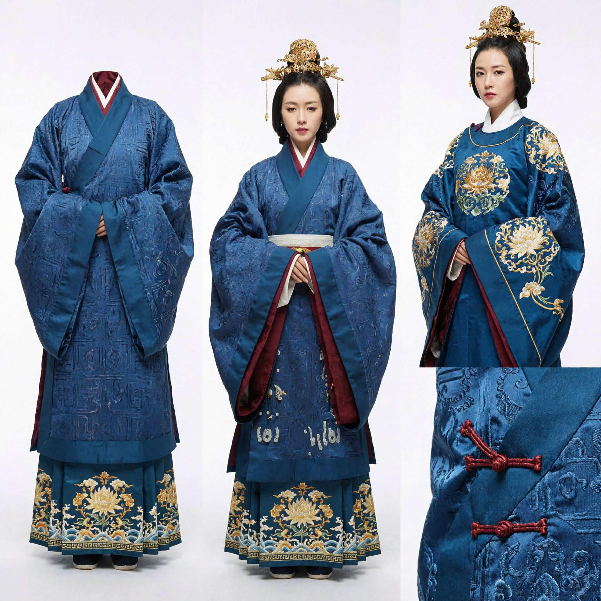 Ancient Chinese Hanfu Costume Blue Palace Robe and Golden Crown Traditional Historical Drama Empress Outfit for Women