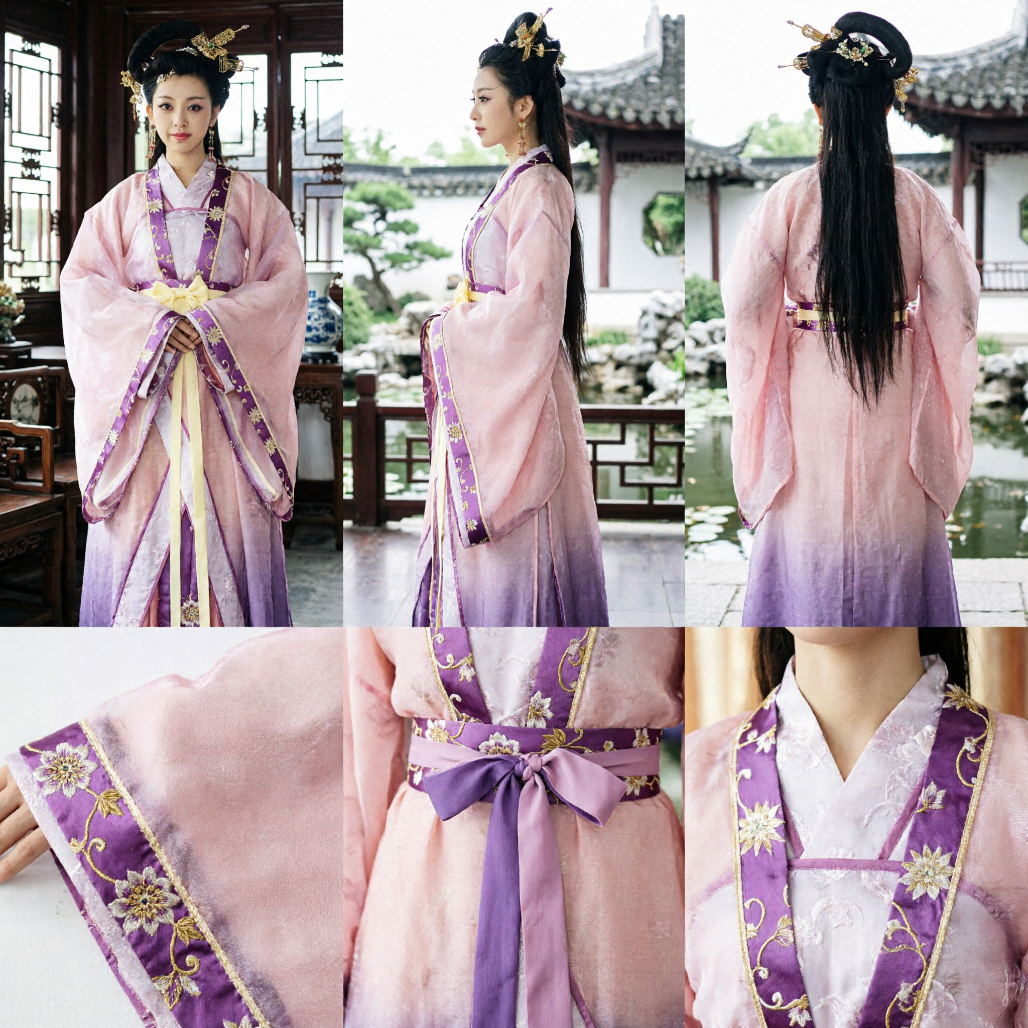 Traditional Chinese Hanfu Costume Ancient Palace Lady Pink Purple Robe with Hair Accessories for Women