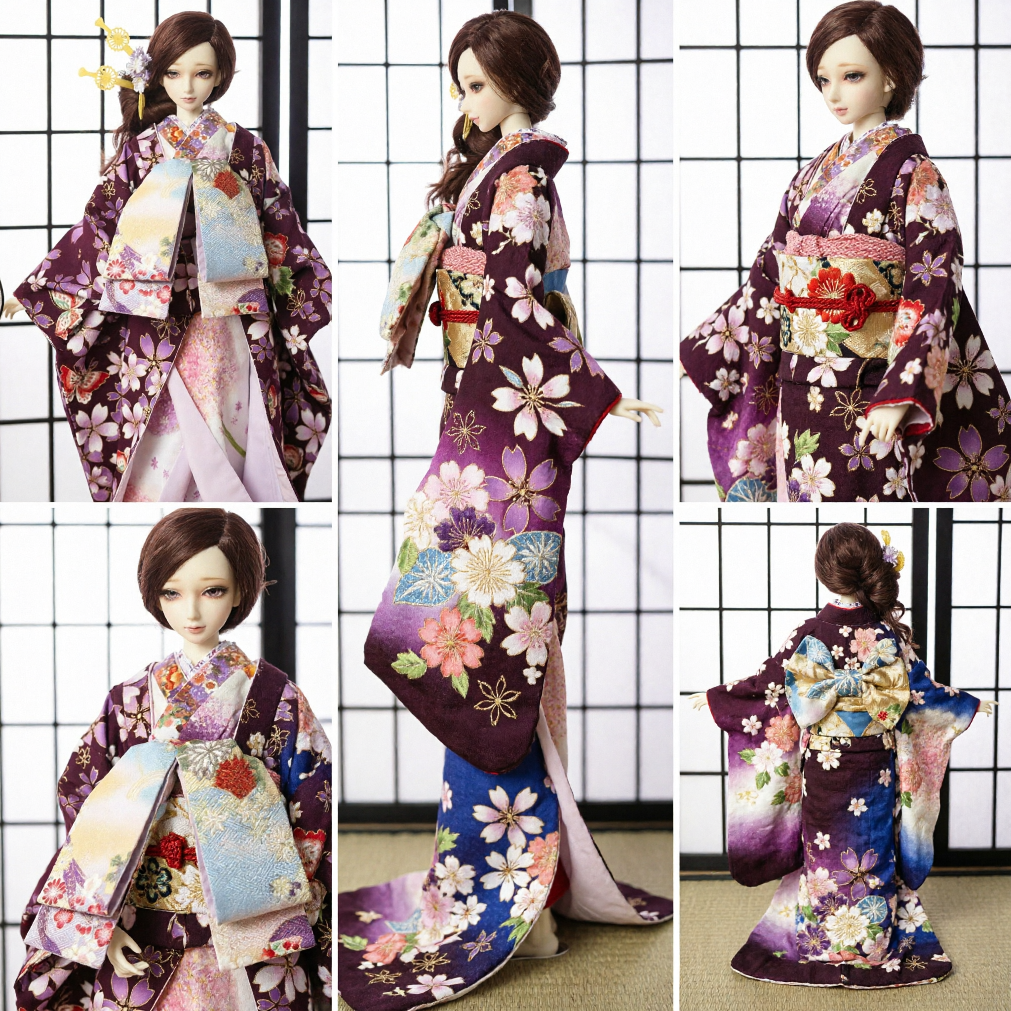 Traditional Japanese Purple Sakura Kimono Costume Set with Obi Sash and Hair Accessories for BJD Dolls