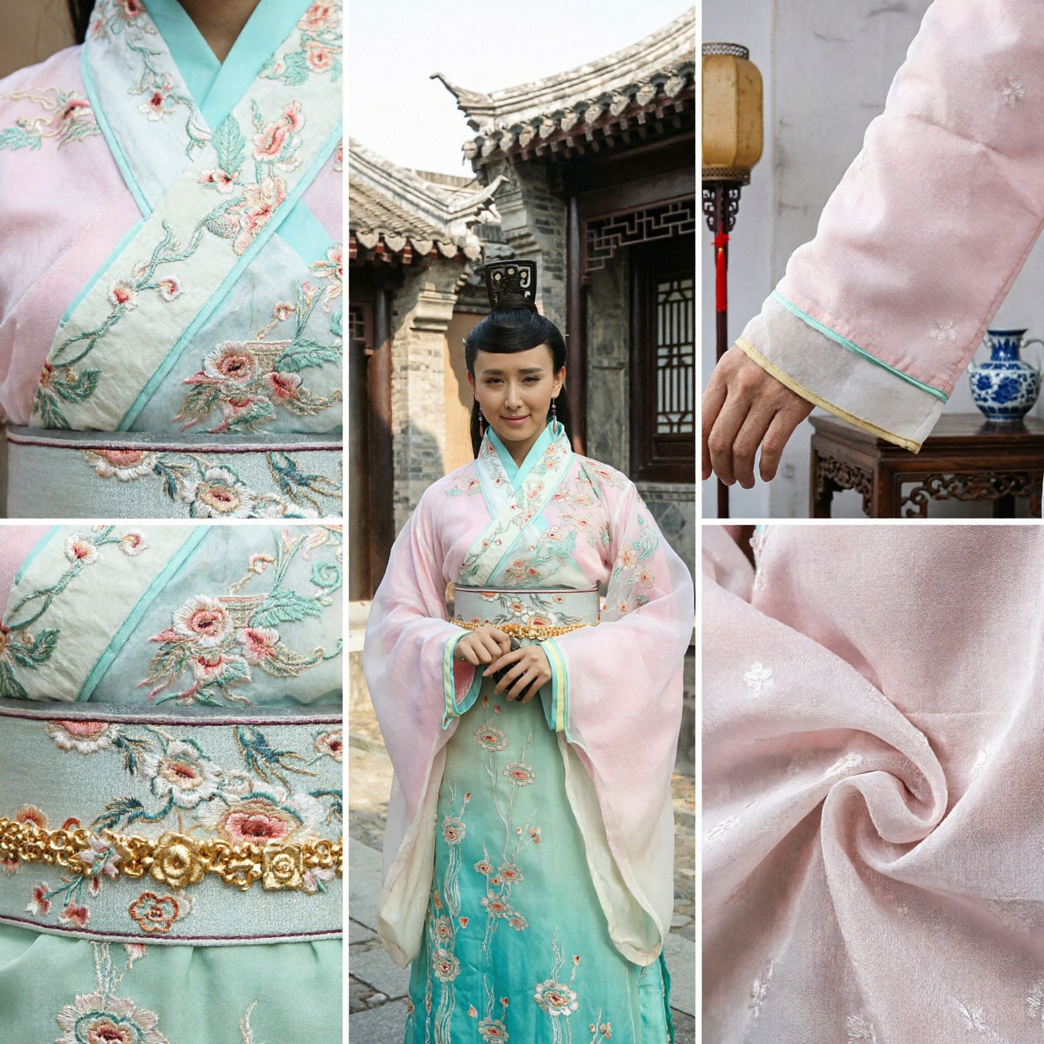 Traditional Chinese Hanfu Costume Ancient Princess Dress Pink and Green Floral Embroidery for Women