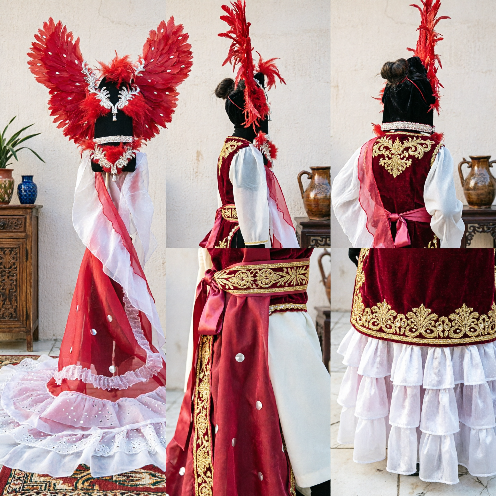 Chinese Traditional Folk Dance Costume Red Feather Headdress with Long Ribbon and Sequined Skirt for Stage Performance