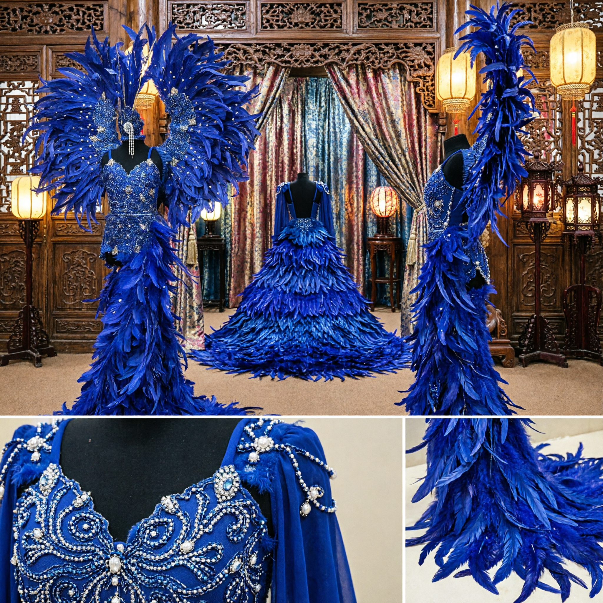 Royal Blue Feather Samba Carnival Costume Women's Stage Show Performance Dress with Sequin Bodice