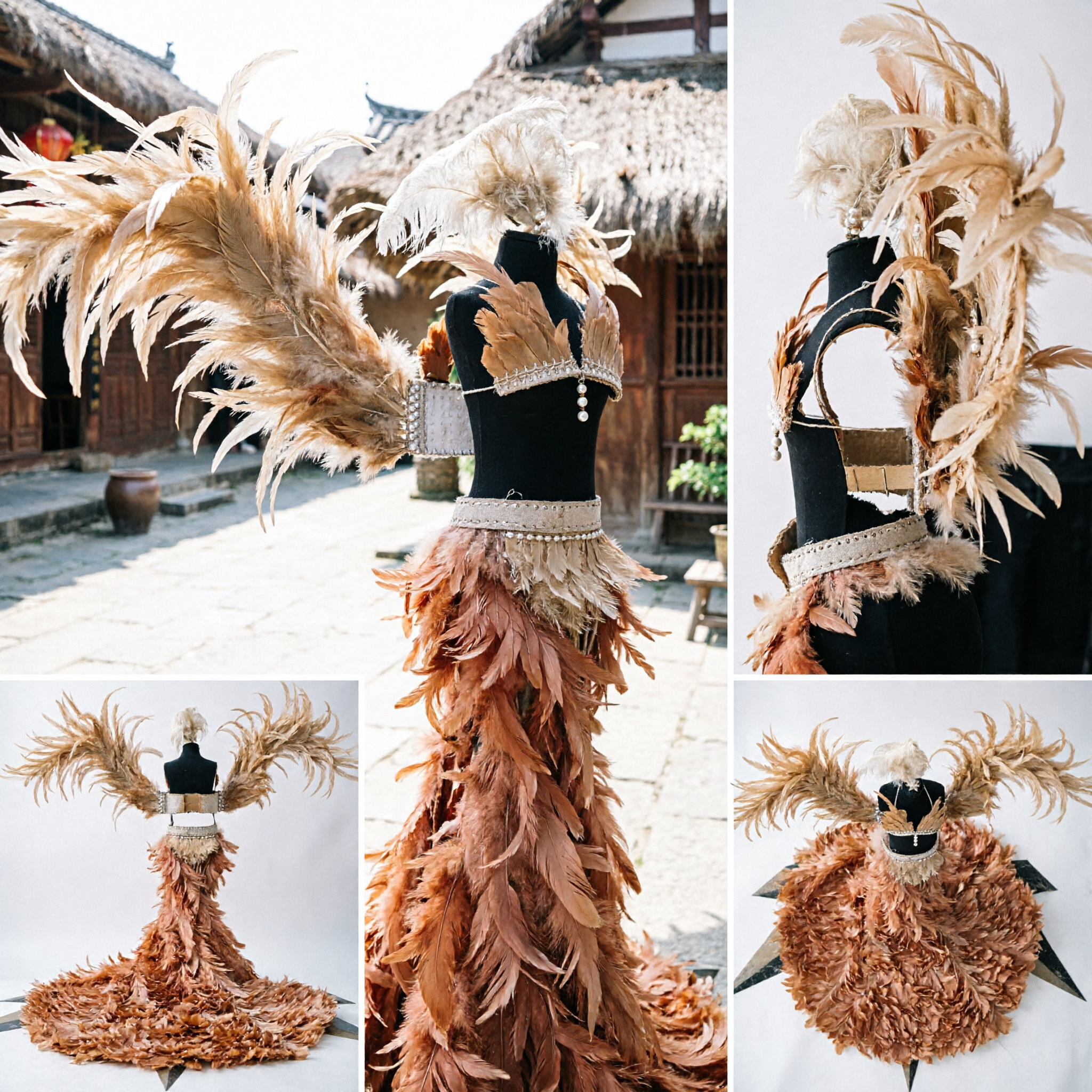 Elaborate Golden Feather Showgirl Costume with Dramatic Wings for Women Stage Dance and Carnival Performance