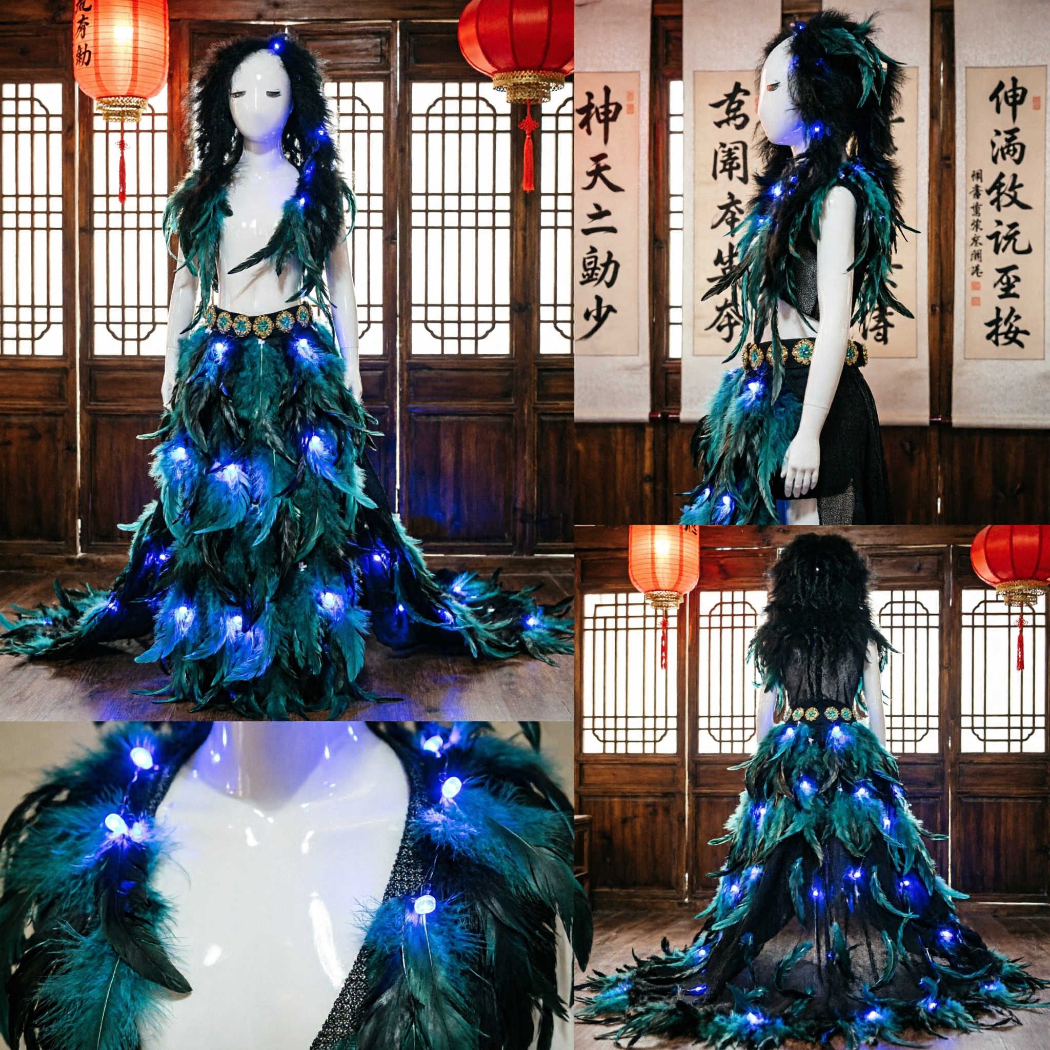 Traditional Dai Peacock Dance Costume with LED Lights and Black Green Feathers for Stage Performance