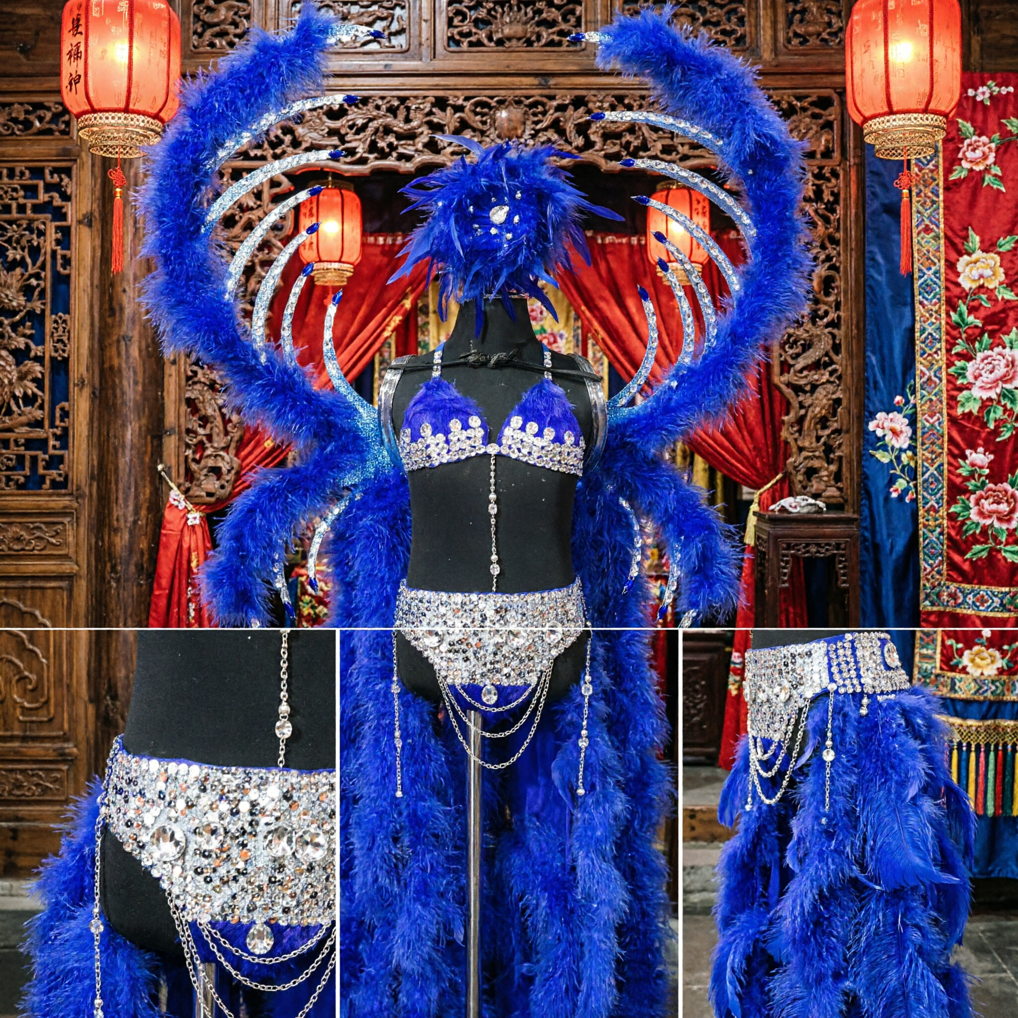 Royal Blue Samba Carnival Costume with Large Feather Wings and Crystal Bikini for Women Dance Performance