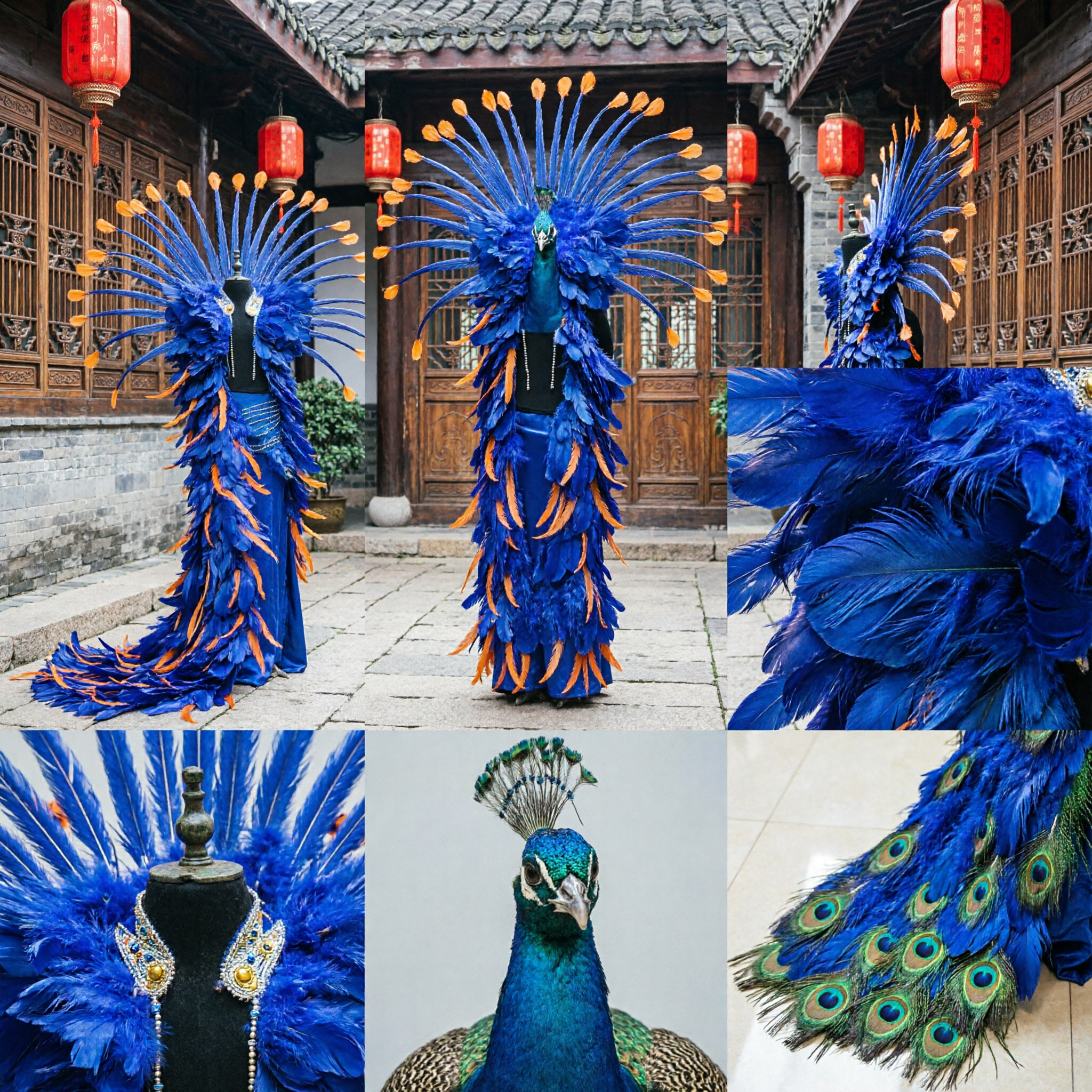 Royal Blue and Orange Peacock Feather Showgirl Costume with Large Headdress for Carnival Stage Performance