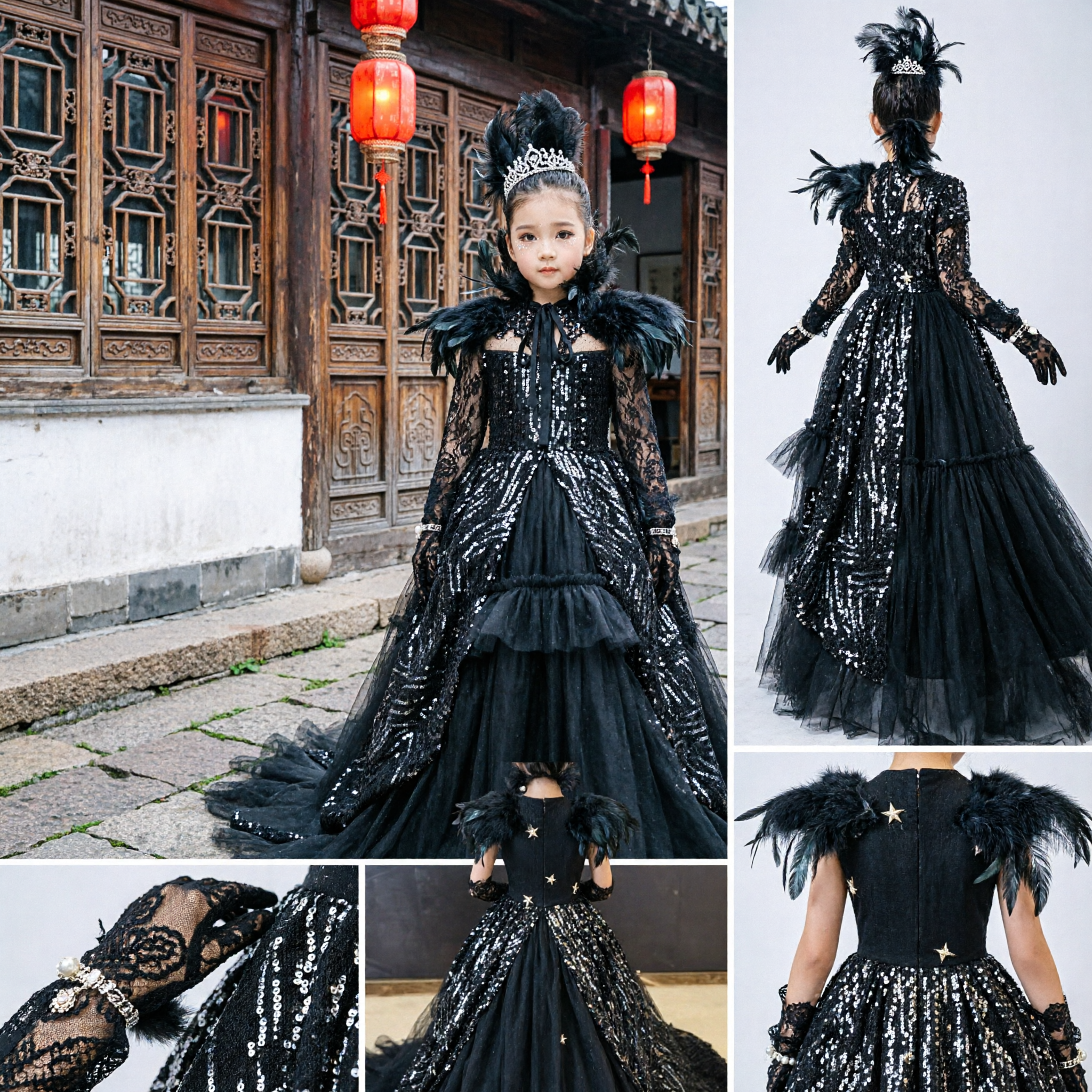 Elegant Navy Blue Princess Ballgown with Sequins and Lace Sleeves for Girls Stage Performance and Formal Events