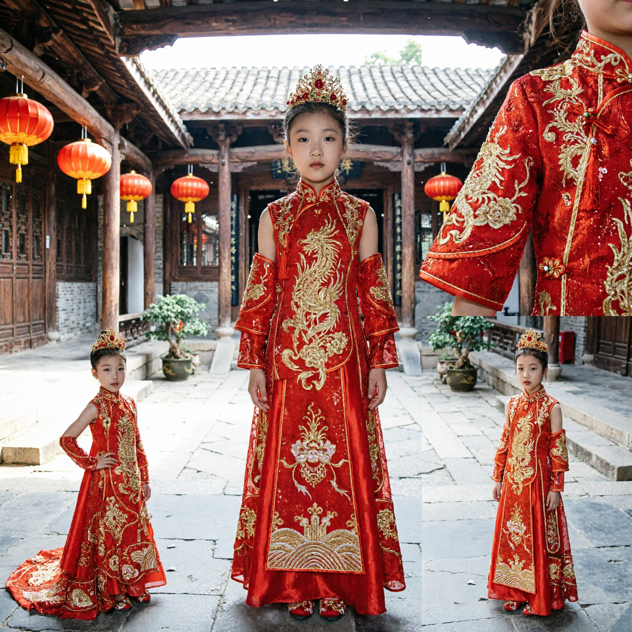 Kids Traditional Chinese Red Wedding Flower Girl Qipao Dress Princess Costume with Gold Crown