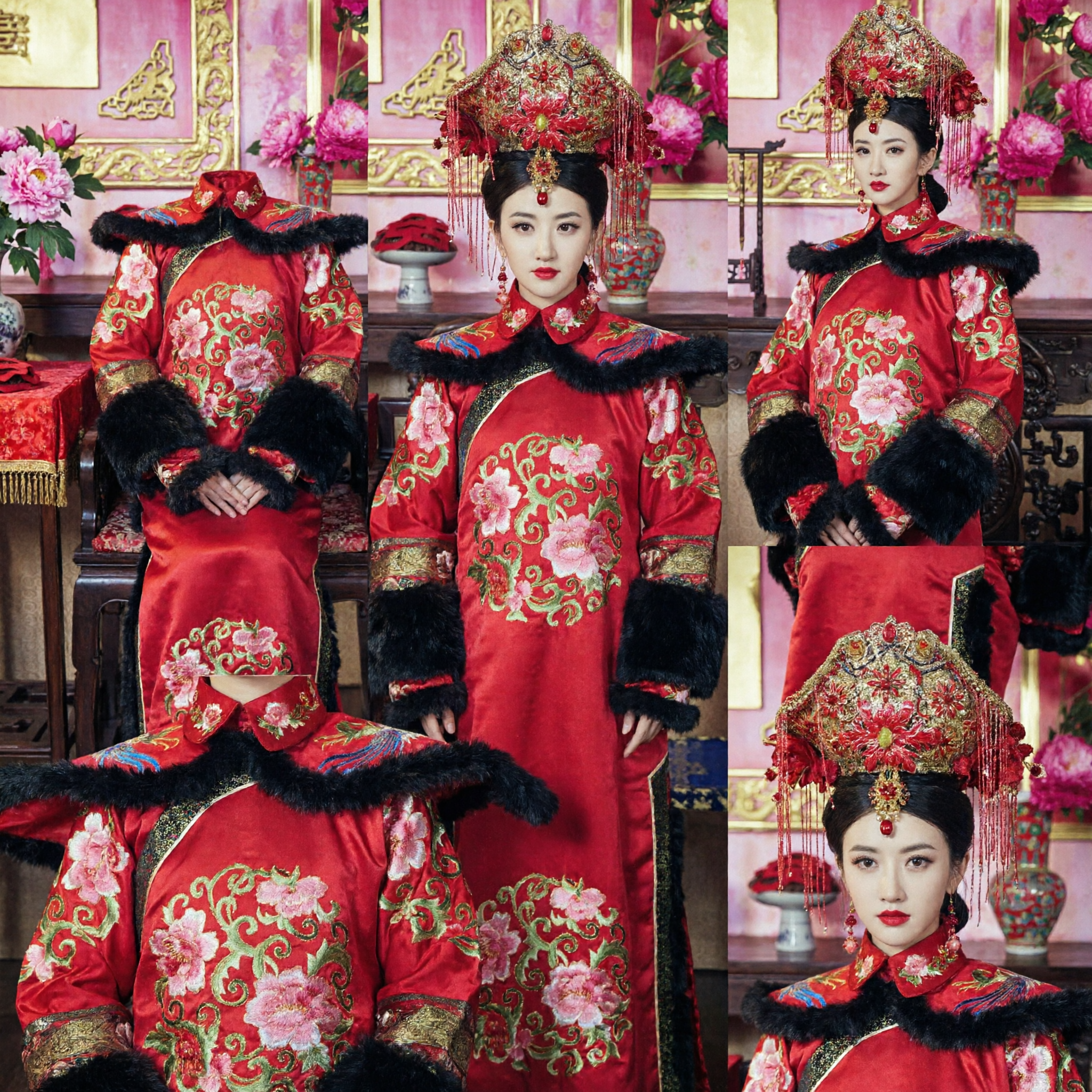 Traditional Chinese Qing Dynasty Empress Costume Red Wedding Robe with Fur Trim and Headdress for Women