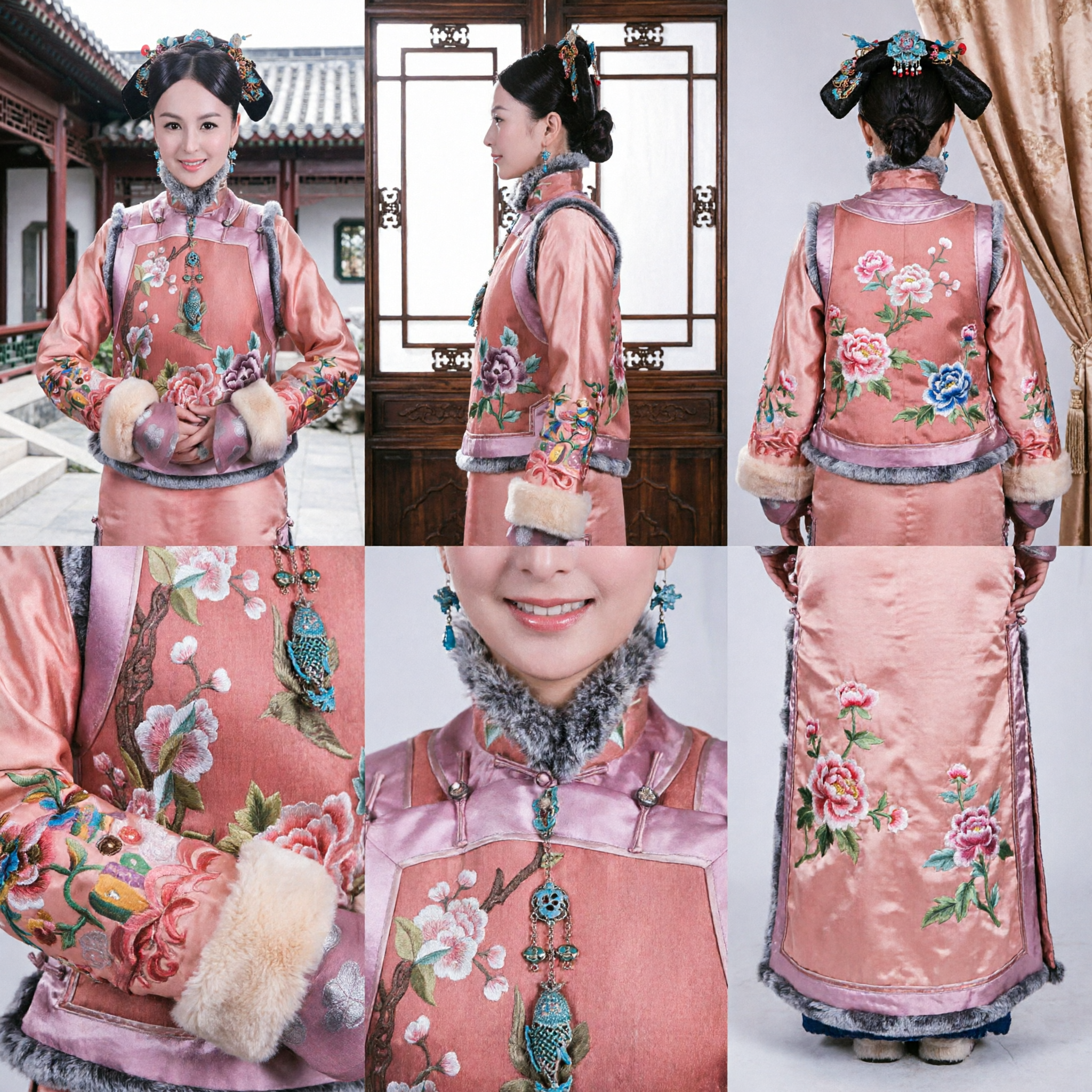 Traditional Chinese Qing Dynasty Princess Costume Pink Floral Embroidery Robe with Fur Trim for Women Cosplay