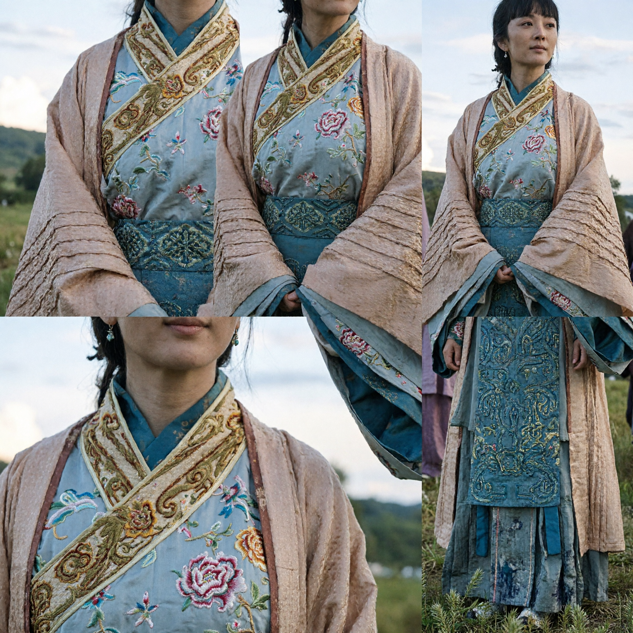 Women's Traditional Chinese Hanfu Ancient Costume Embroidered Beige Robe and Teal Skirt Set for Historical Drama Cosplay