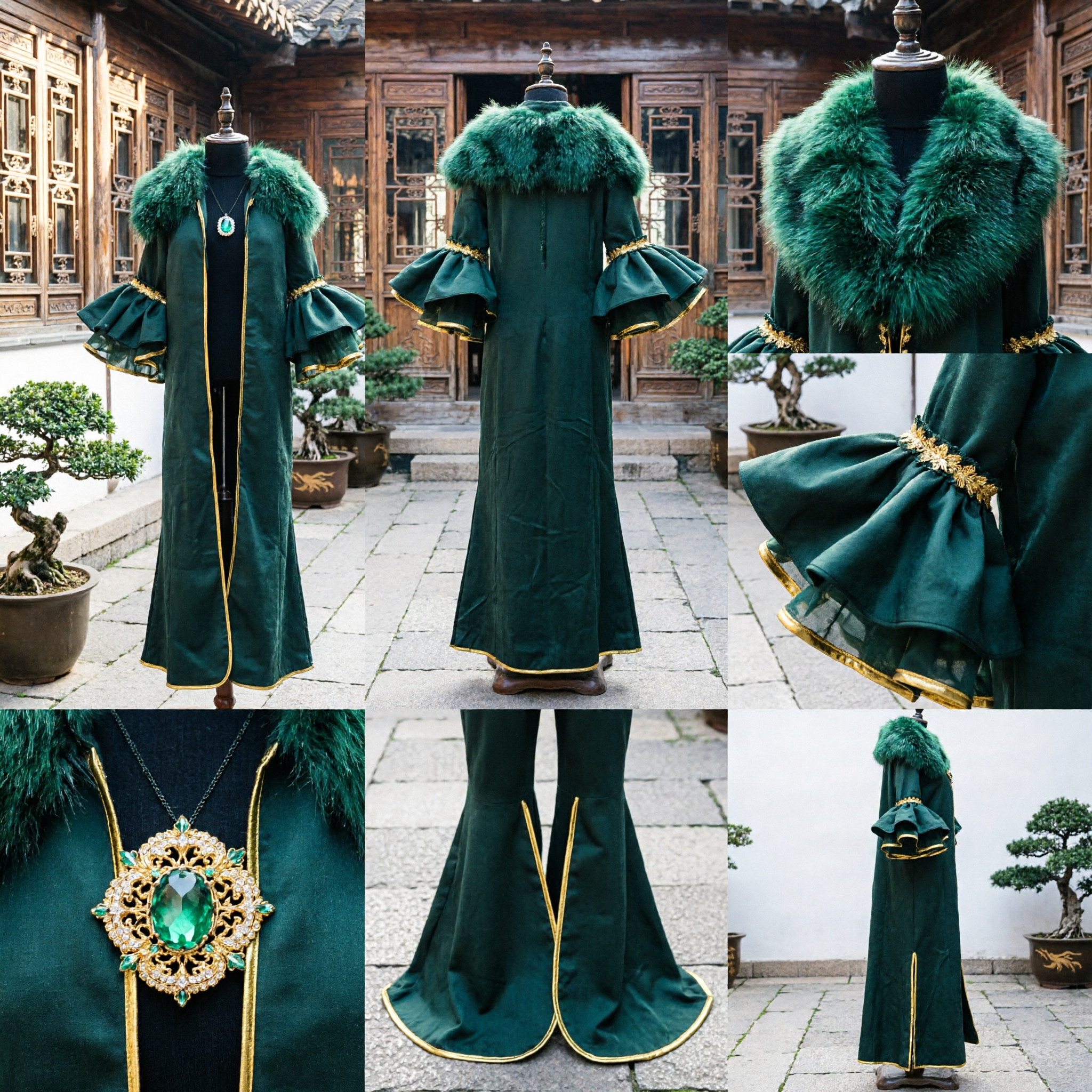 Dark Green Wizard Robe with Fur Collar and Gold Trim Men's Fantasy Cosplay Costume for Halloween