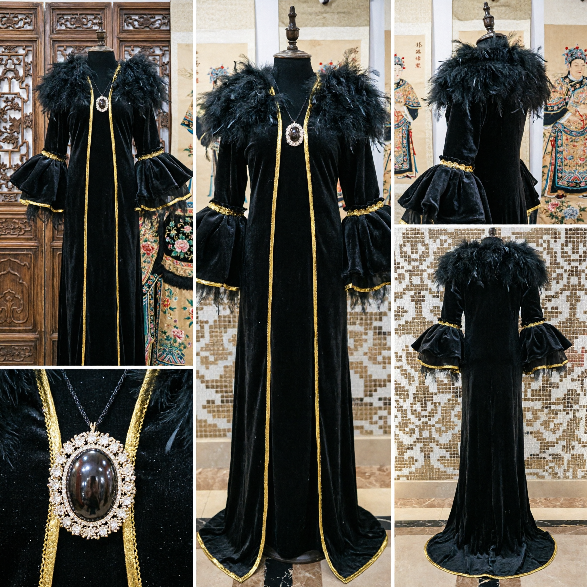 Deluxe Black Gothic Cape with Feather Collar and Ruffled Sleeves for Halloween Cosplay Costumes