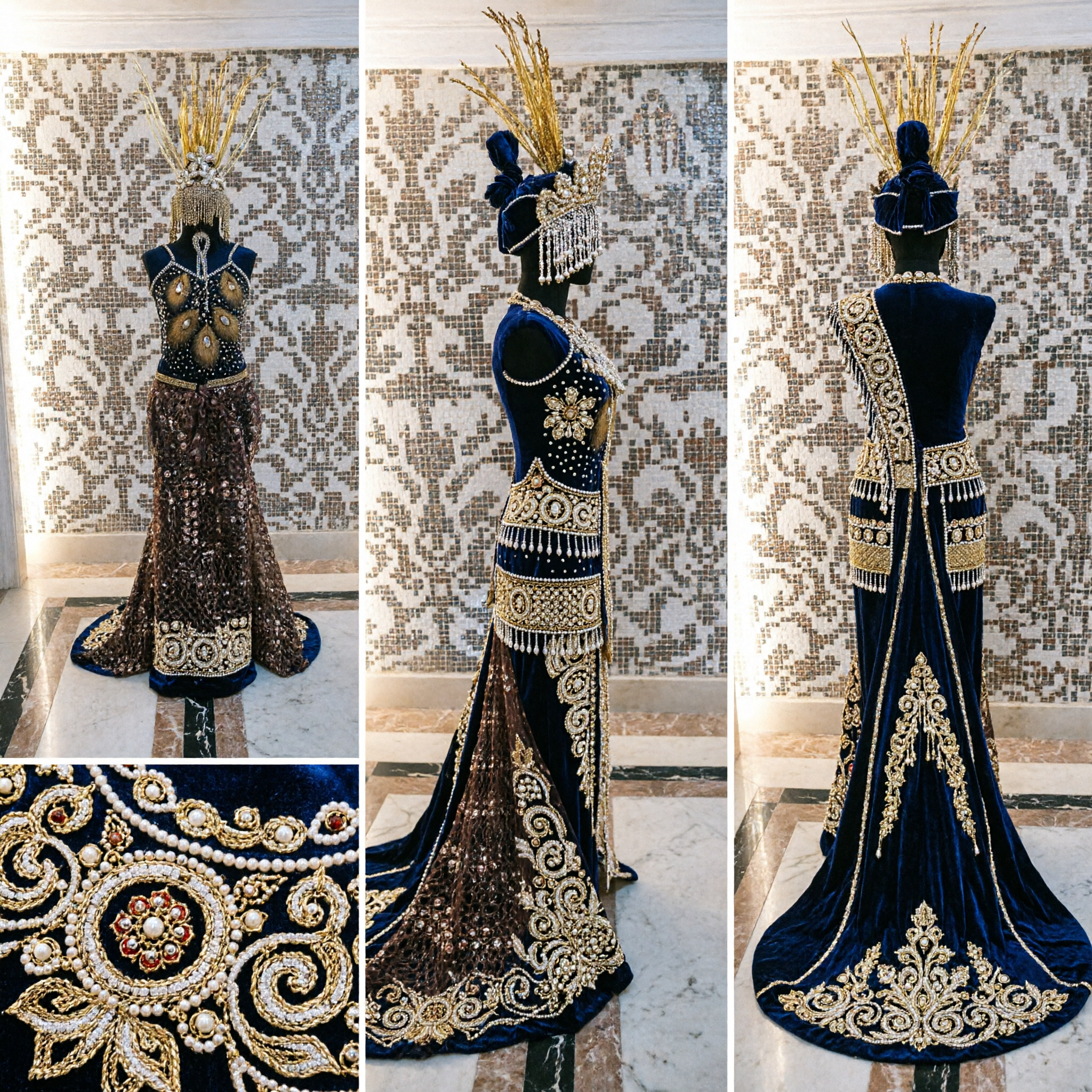 Women's Black Gold Sequin Samba Carnival Costume with Feather Headdress for Latin Dance Stage Performance