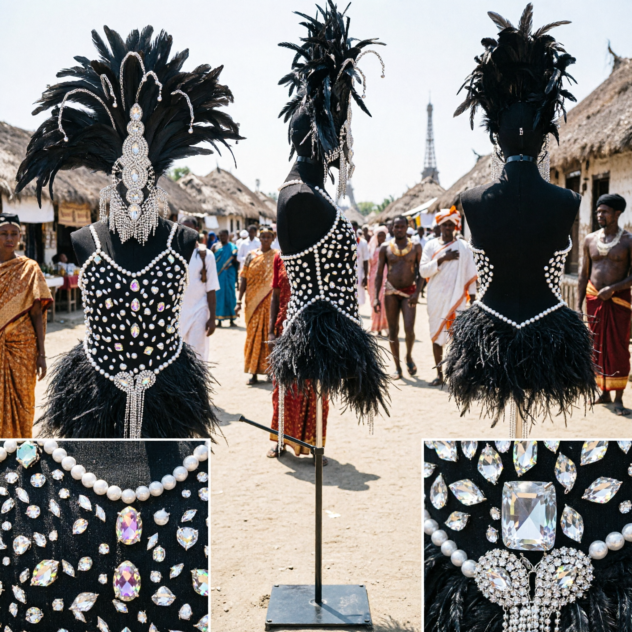 Women's Black Feather Headdress and Rhinestone Bodice Set for Samba Carnival Showgirl Stage Performance