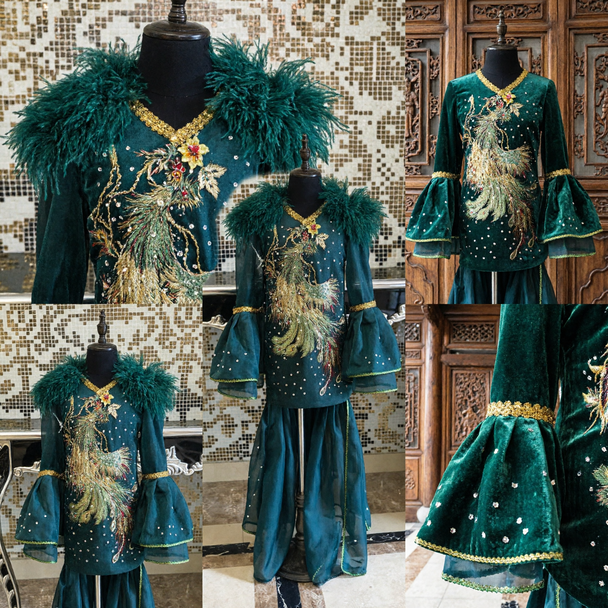 Traditional Chinese Stage Costume Green Velvet Dress with Feathers and Phoenix Embroidery for Women Dance Performance