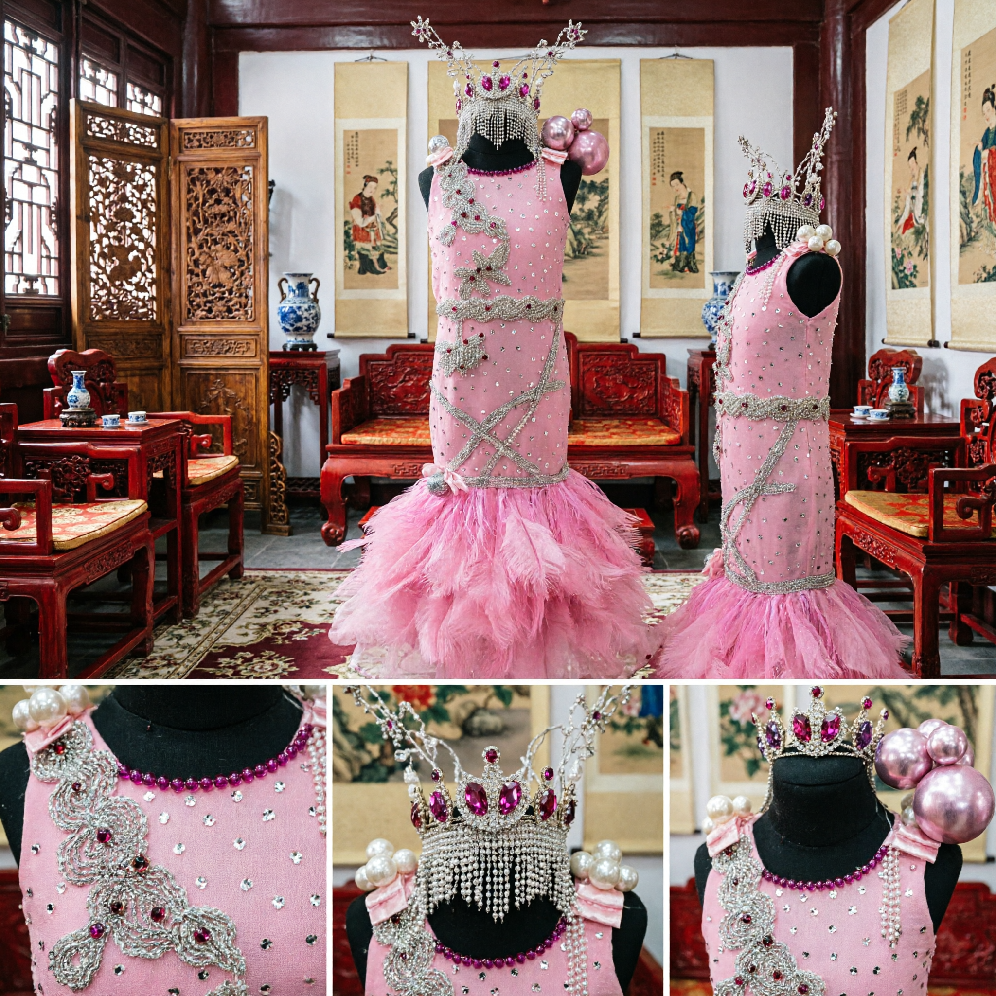 Pink Rhinestone Feather Mermaid Dress Chinese Traditional Dance Performance Costume for Women Stage Show