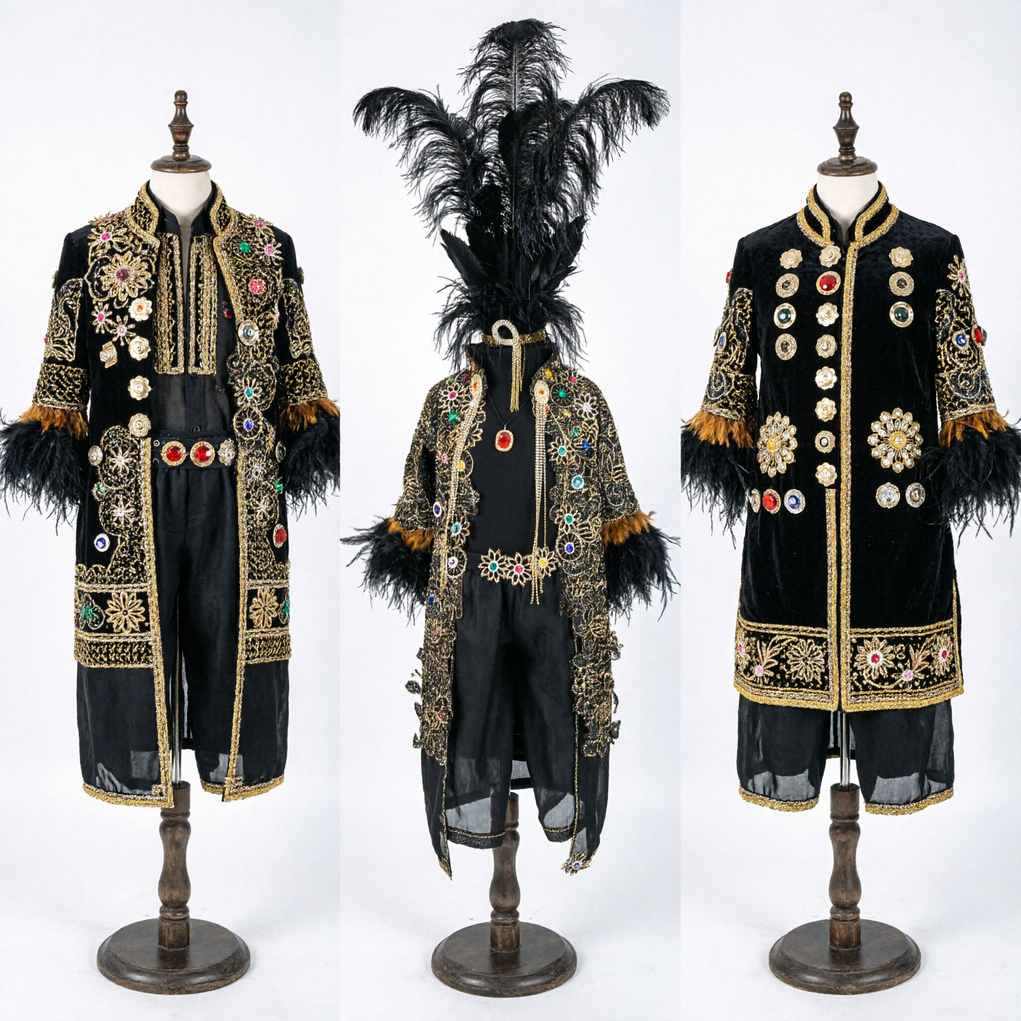 Men's Black Feather Headdress and Gold Embroidered Sequin Jacket Stage Performance Costume for Carnival Shows