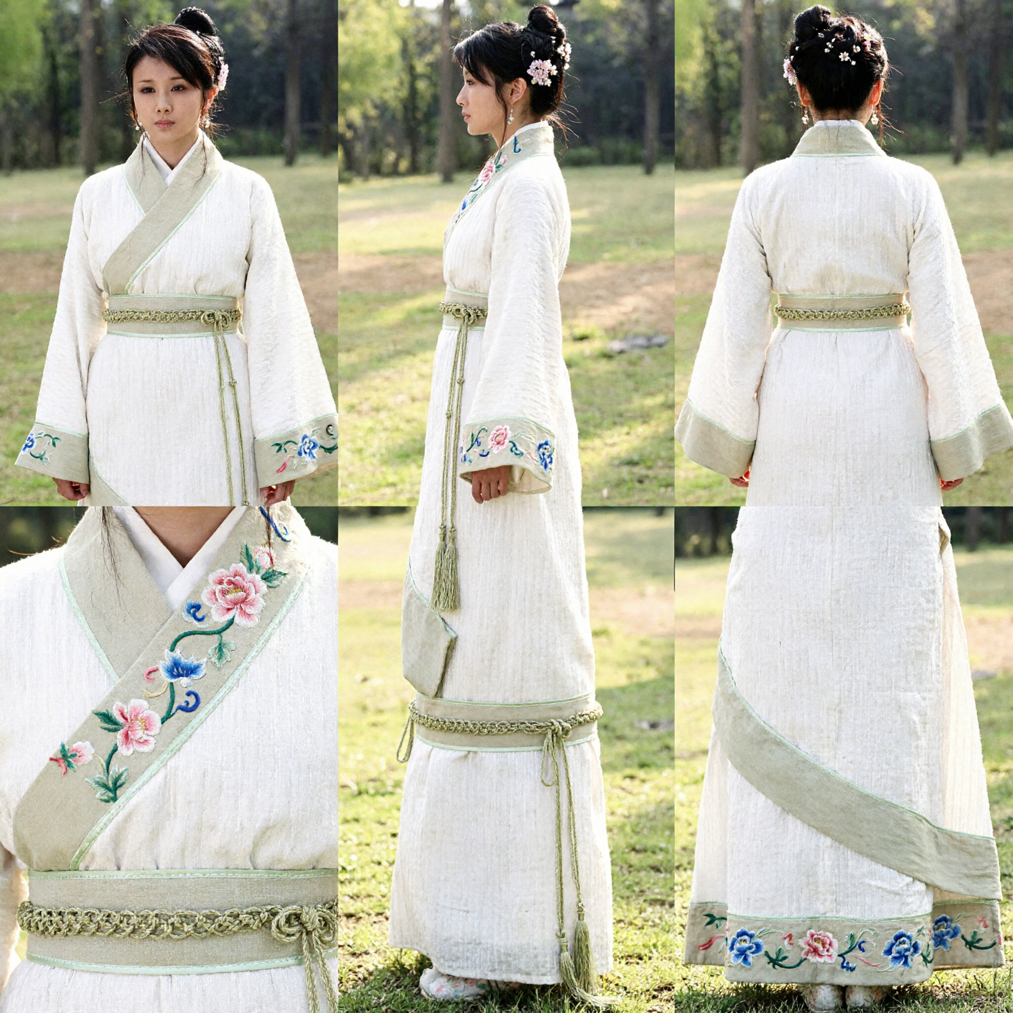 Ancient Chinese Hanfu Traditional Costume White Robe Green Sash Han Dynasty Style Dress for Women