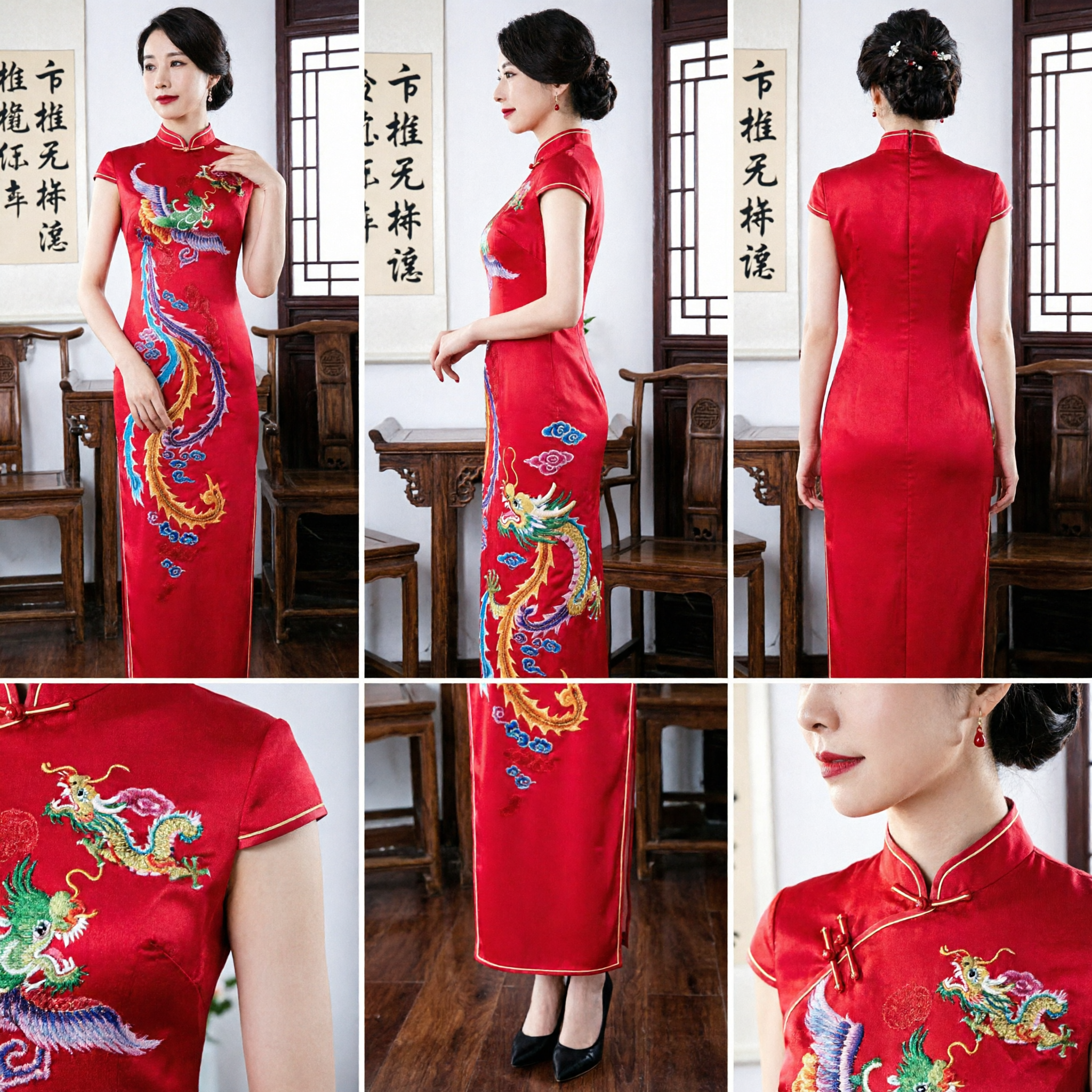 Elegant Red Dragon Embroidered Cheongsam Long Qipao Traditional Chinese Silk Dress for Wedding Evening Party