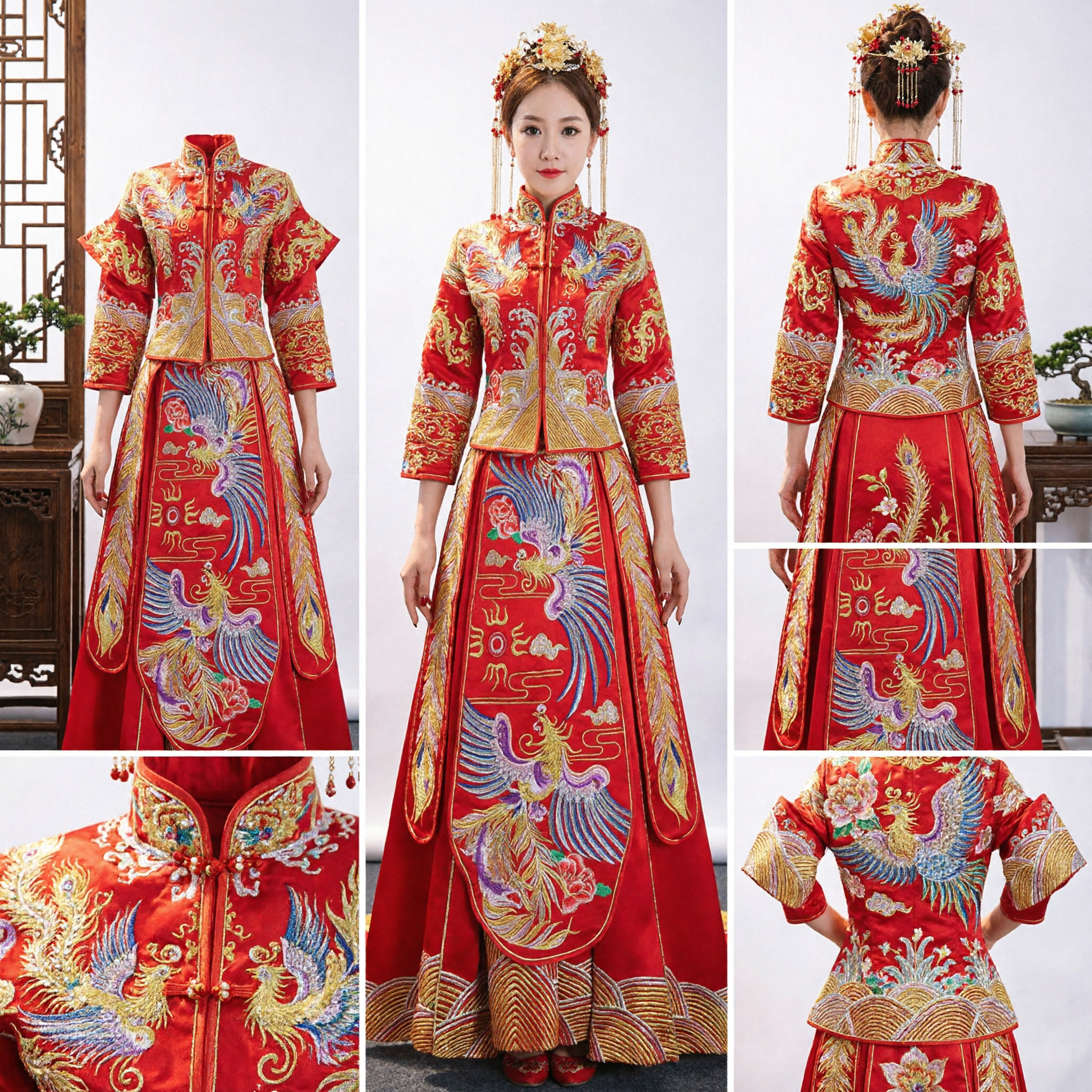 Exquisite Traditional Chinese Wedding Dress Red Xiuhe Suit Gold Phoenix Embroidery Bridal Gown for Ceremony