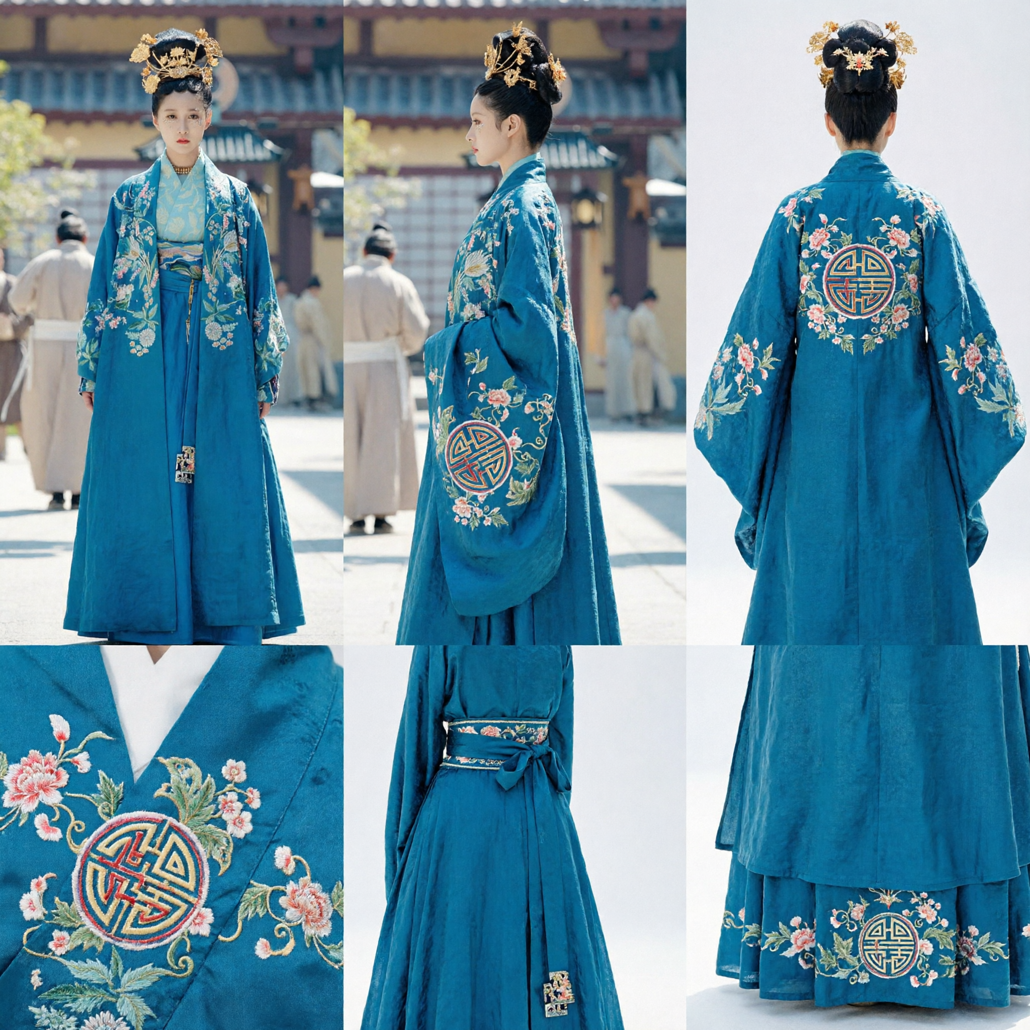 Complete Set Ancient Chinese Tang Dynasty Hanfu Blue Floral Embroidery Dress Traditional Princess Costume for Women