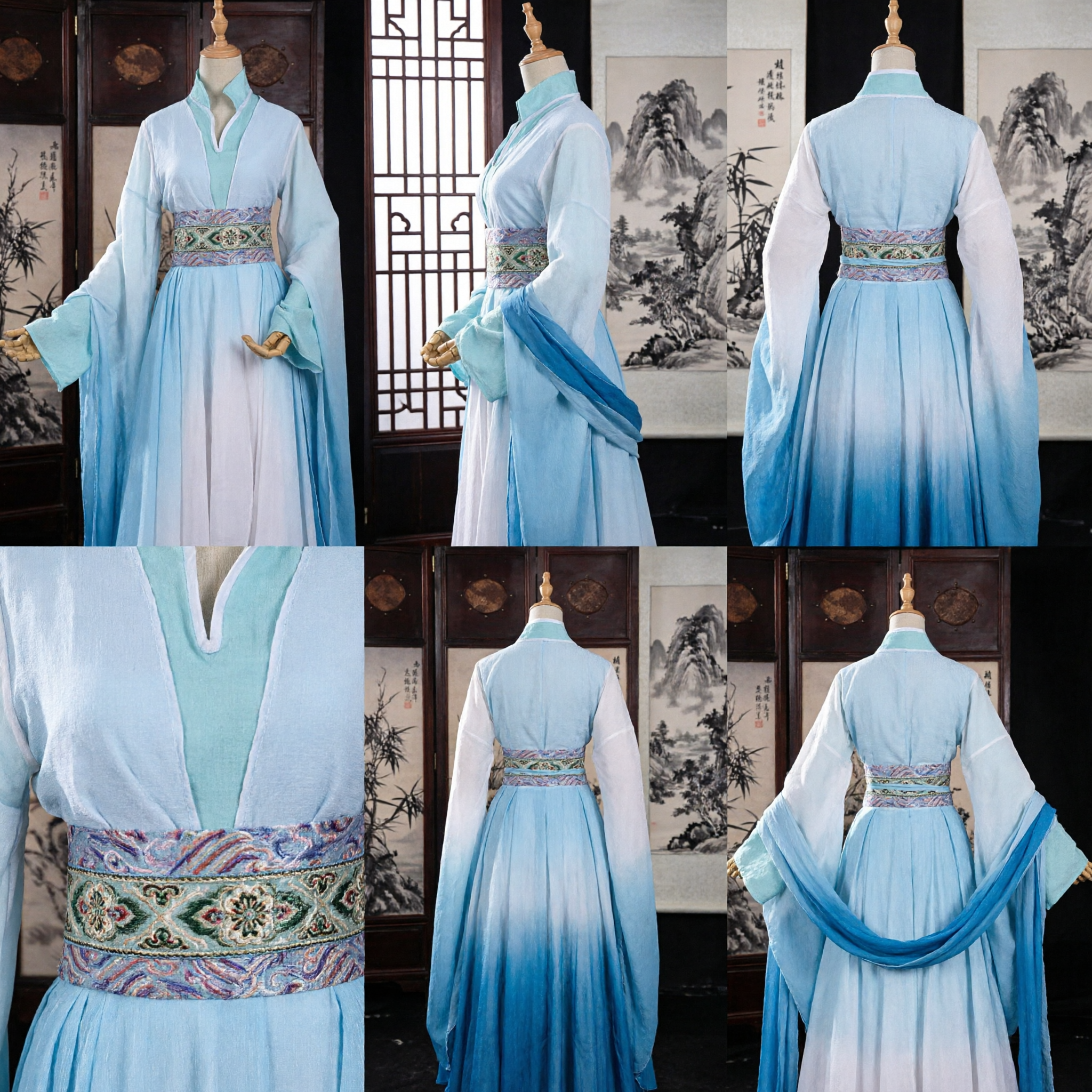 Traditional Chinese Hanfu Costume Ancient Fairy Dress Blue White Gradient Wide Sleeve Robe for Women