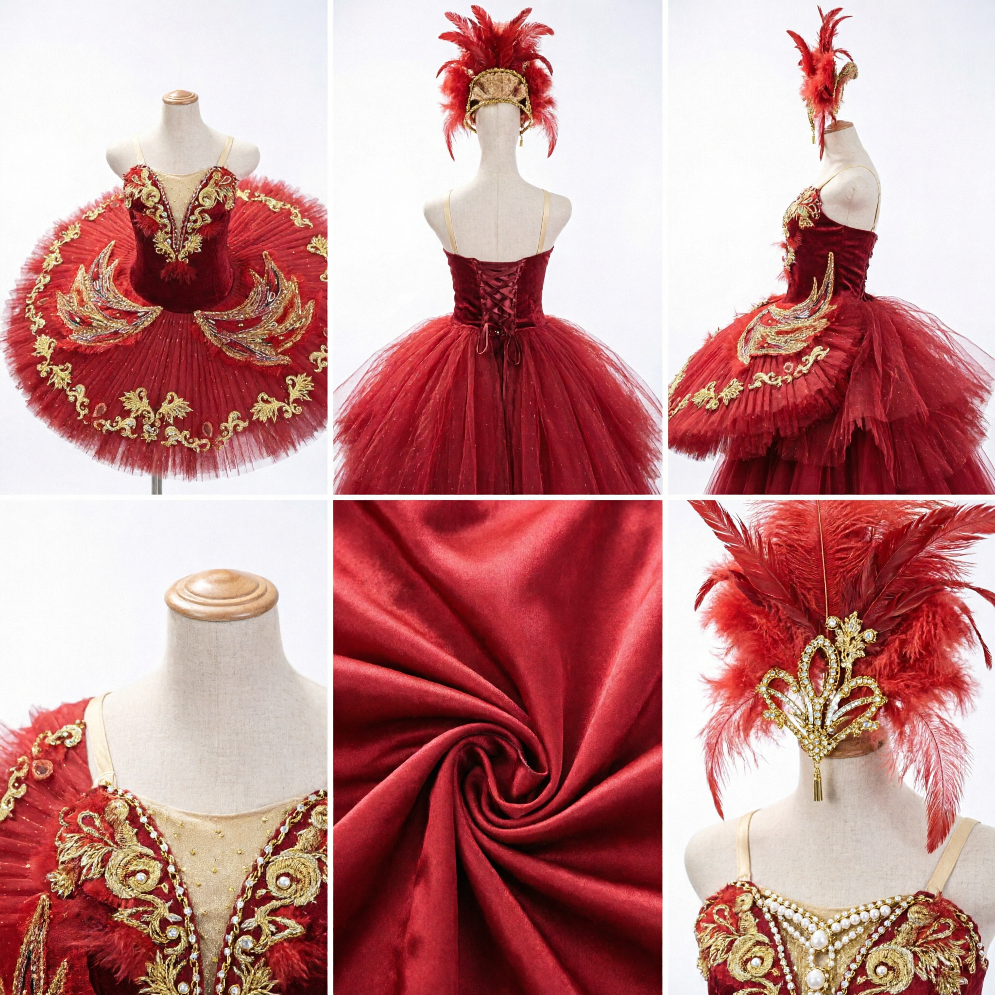 Professional Red Classical Ballet Tutu with Gold Embroidery and Feather Headpiece for Girls Stage Performance