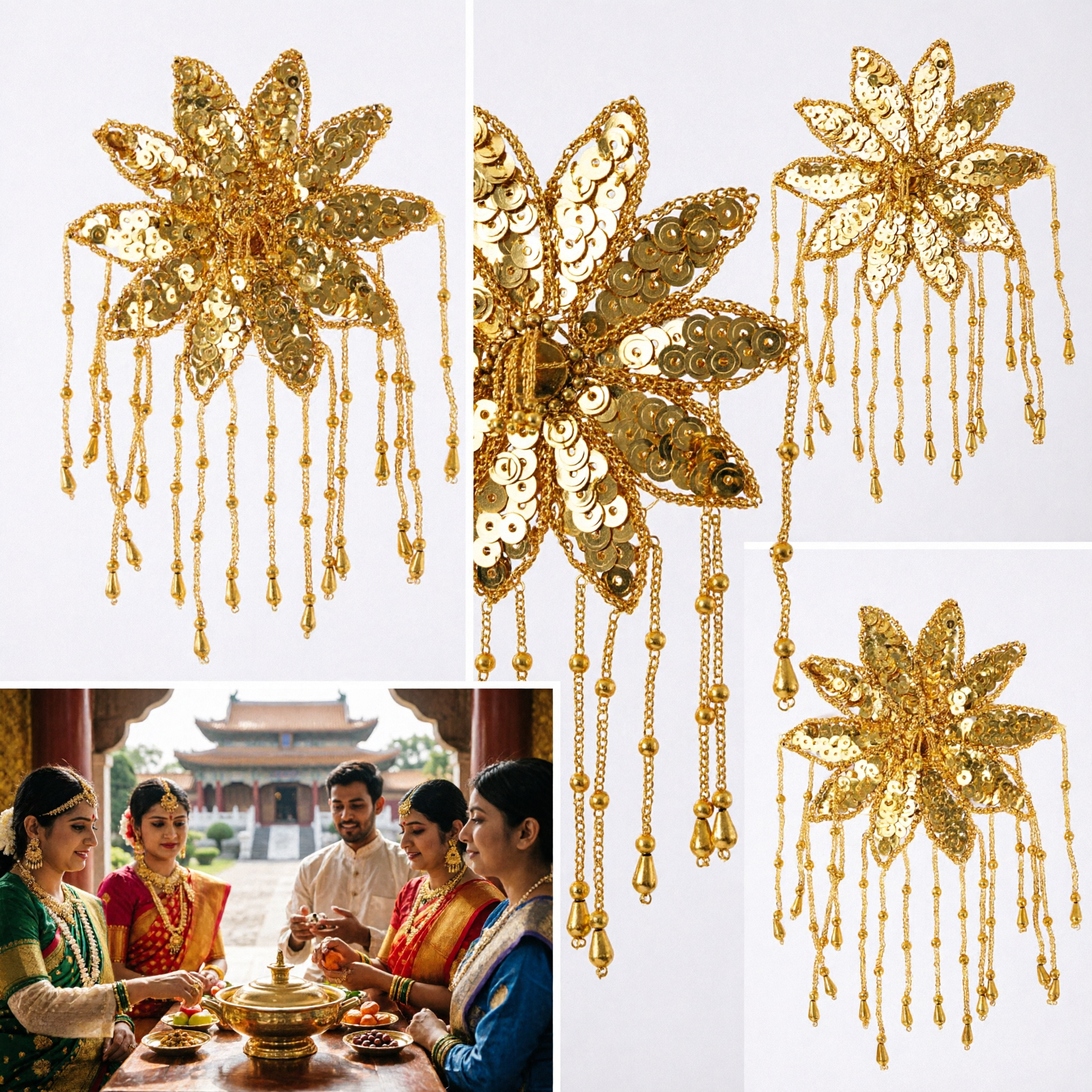 Traditional Gold Sequin Flower Hair Accessory with Long Beaded Tassels for Stage Dance and Costume Performance