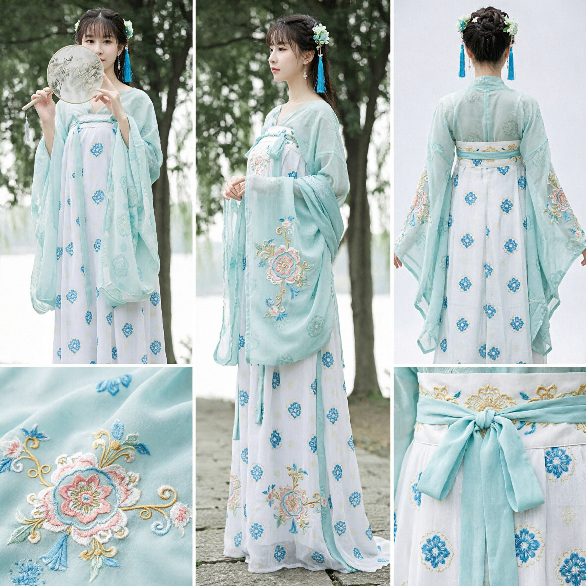 Elegant Blue Floral Traditional Chinese Hanfu Dress Ancient Costume for Women Photography and Festivals