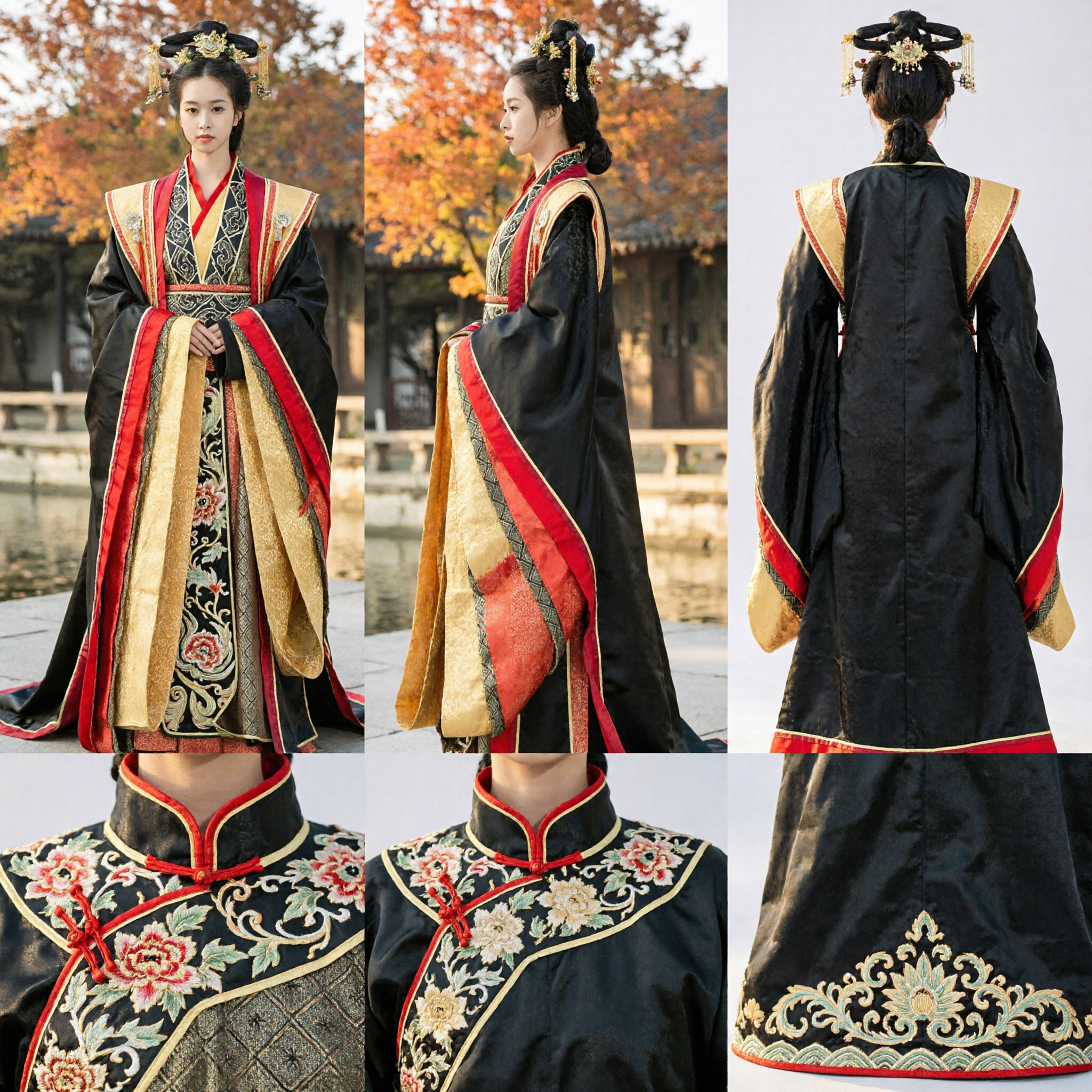 Traditional Chinese Hanfu Ancient Palace Empress Costume Black and Gold Royal Dress for Women