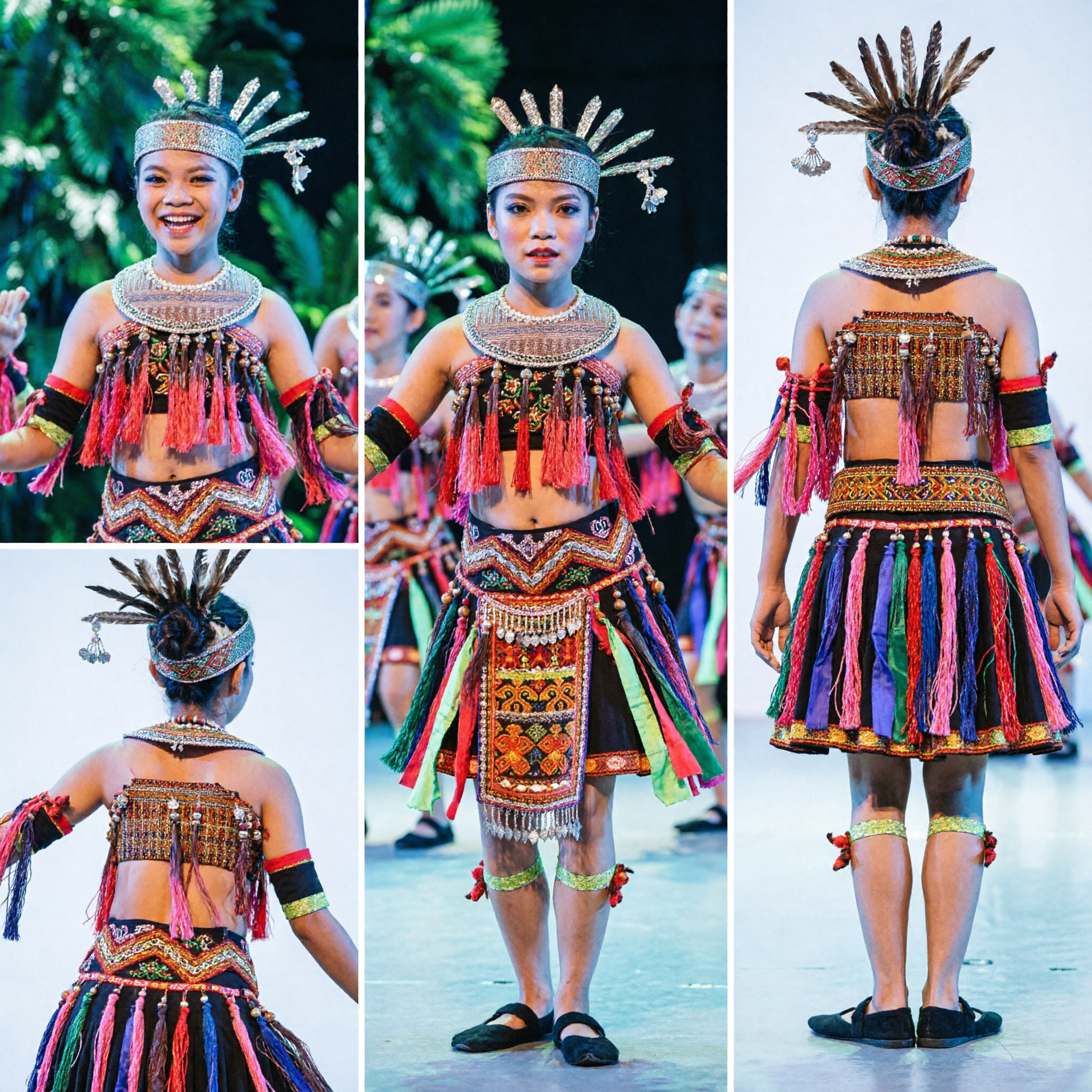 Traditional Chinese Ethnic Minority Dance Costume Complete Set for Women Stage Performance Folk Dress with Silver Headdress