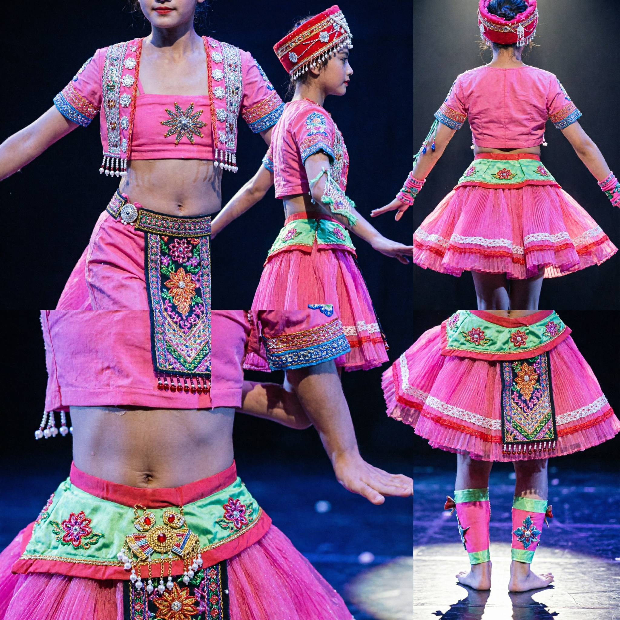 Vibrant Pink Chinese Folk Dance Costume for Girls Traditional Ethnic Minority Stage Performance Outfit Set