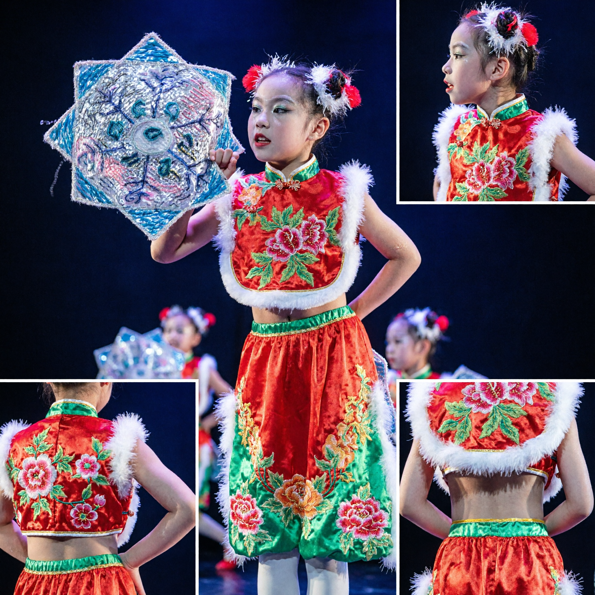 Kids Chinese Traditional Yangge Dance Costume Red Floral Vest and Skirt Set for Girls Stage Performance