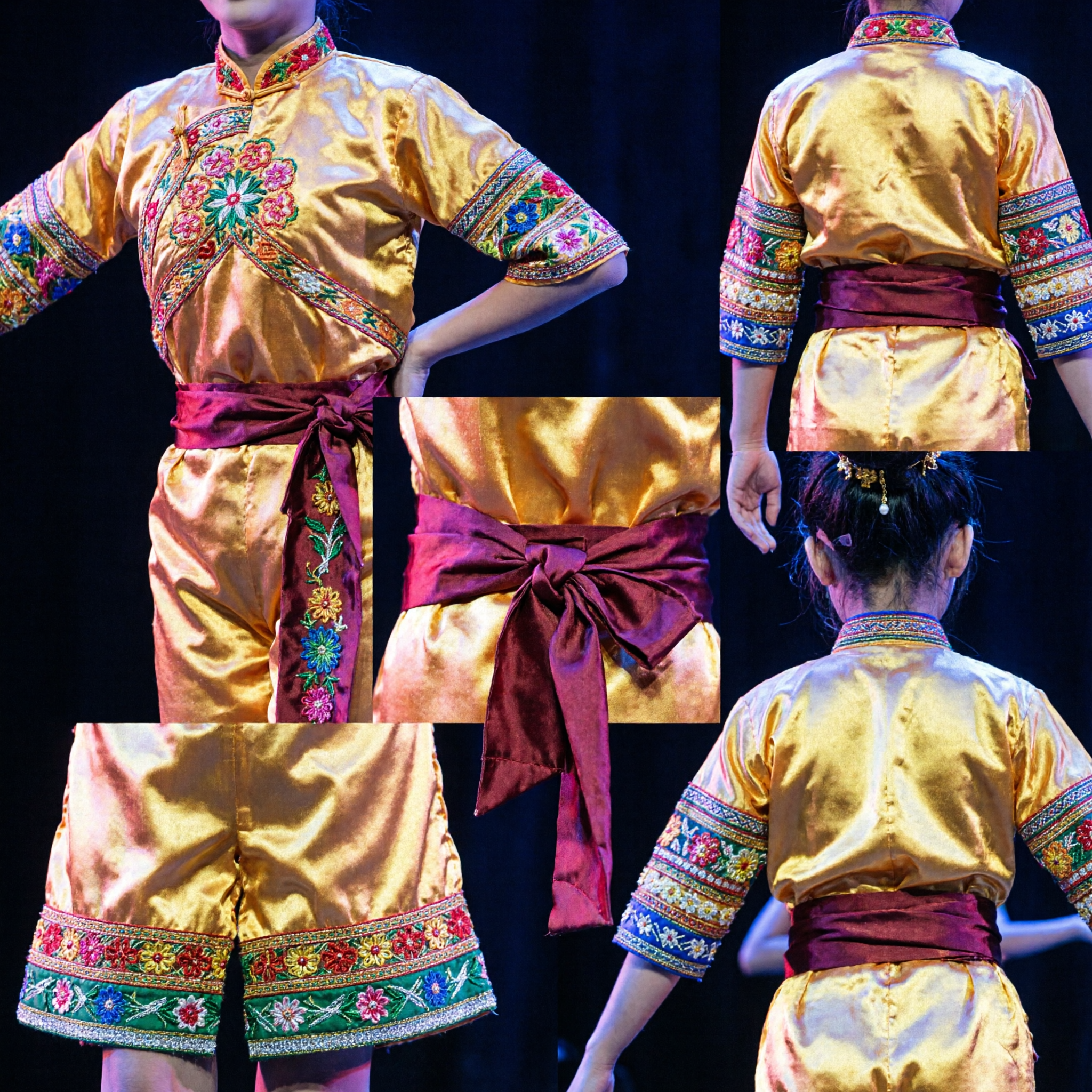Kids Chinese Folk Dance Costume Traditional Yellow Floral Stage Performance Outfit for Boys and Girls