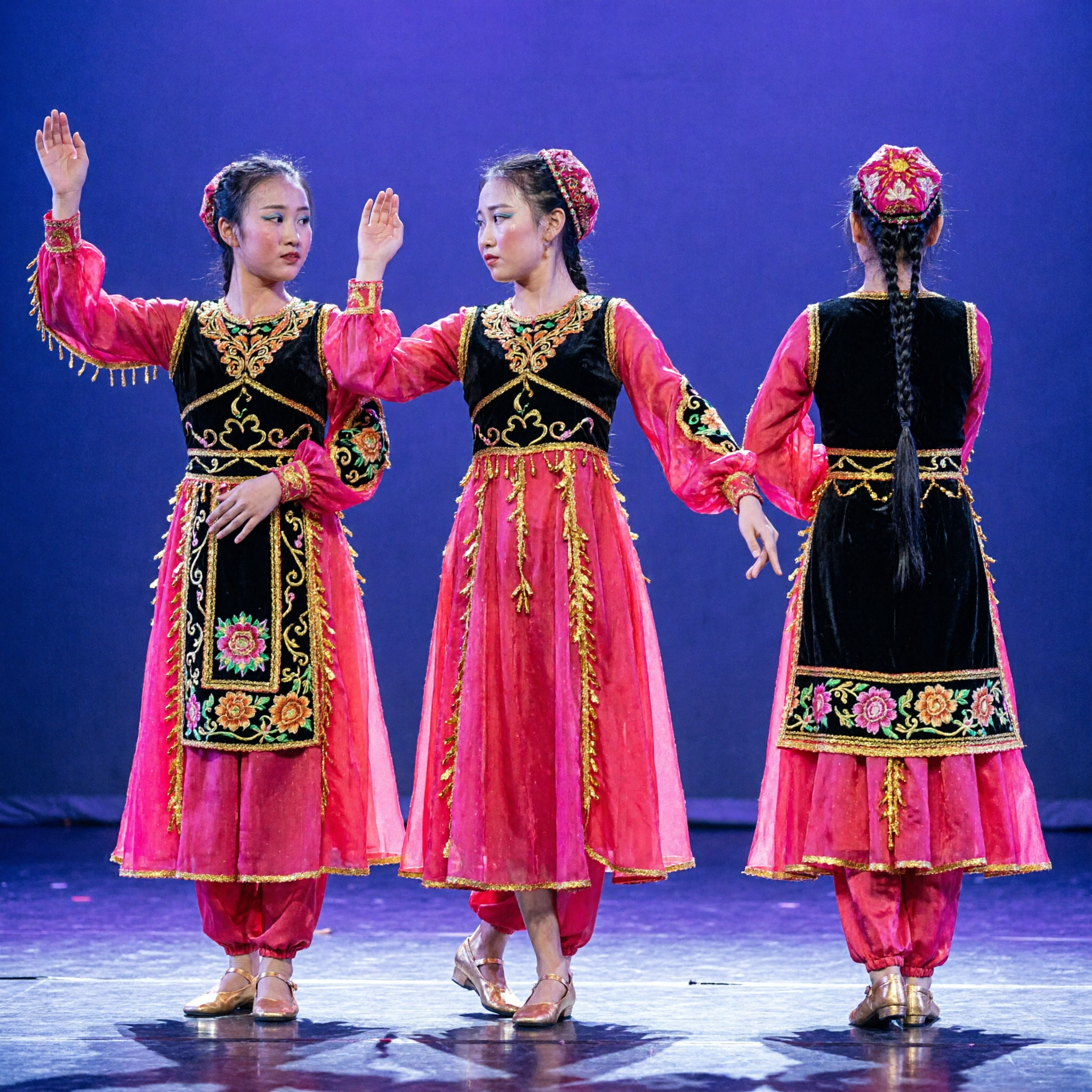 Traditional Chinese Xinjiang Uyghur Dance Costume Pink Skirt and Black Top Folk Dress for Women Stage Performance