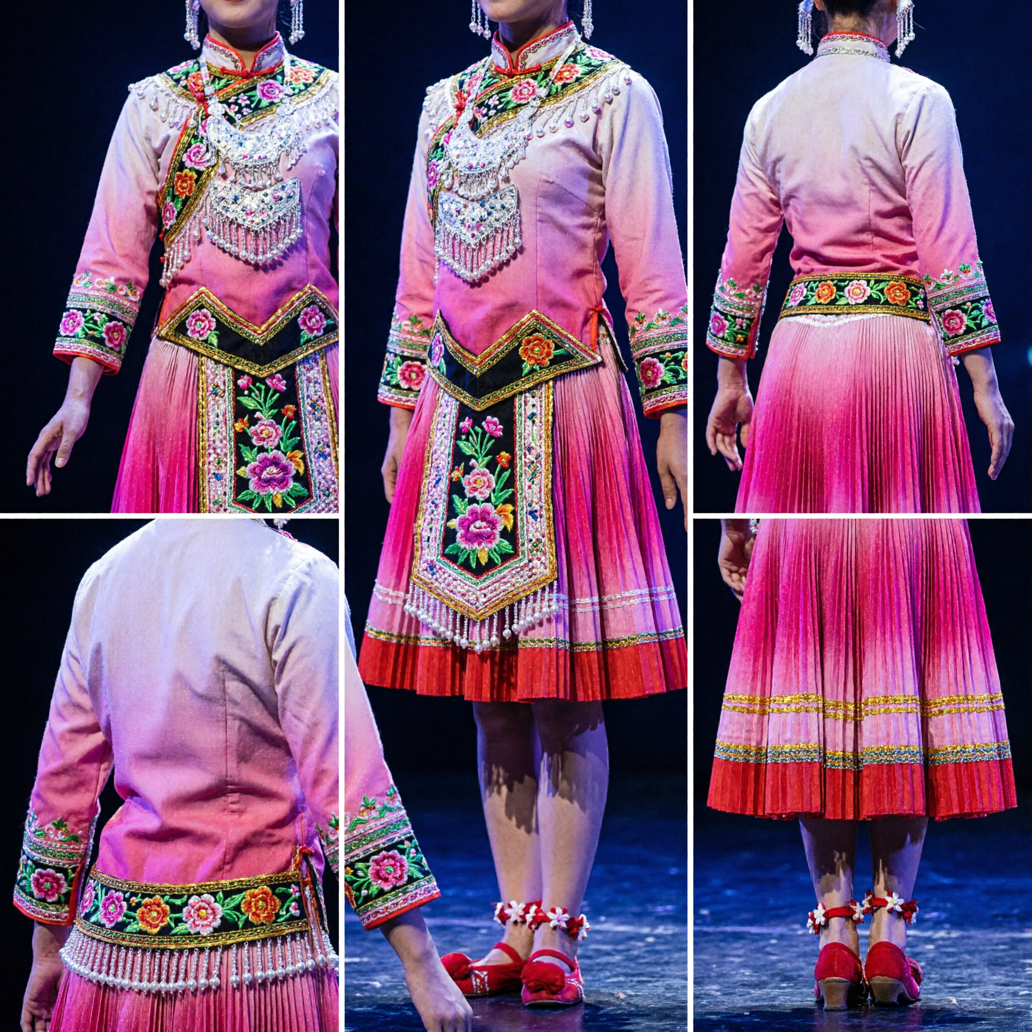 Chinese Traditional Folk Dance Costume for Girls Pink Sequin Stage Performance Dress Kids Group Dancewear