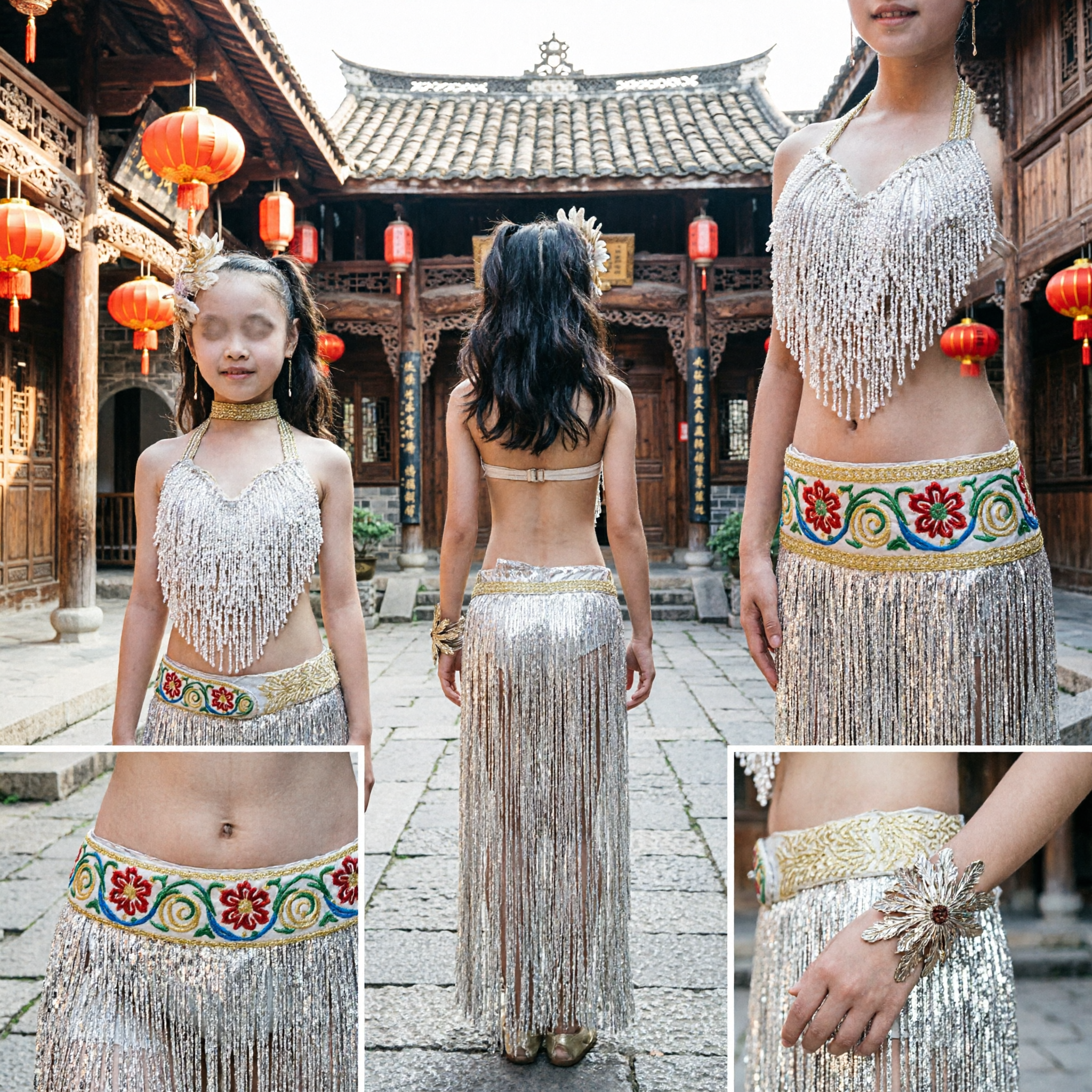 Kids Girls Gold Fringe Latin Dance Costume Stage Performance Dress Belly Dance Competition Outfit