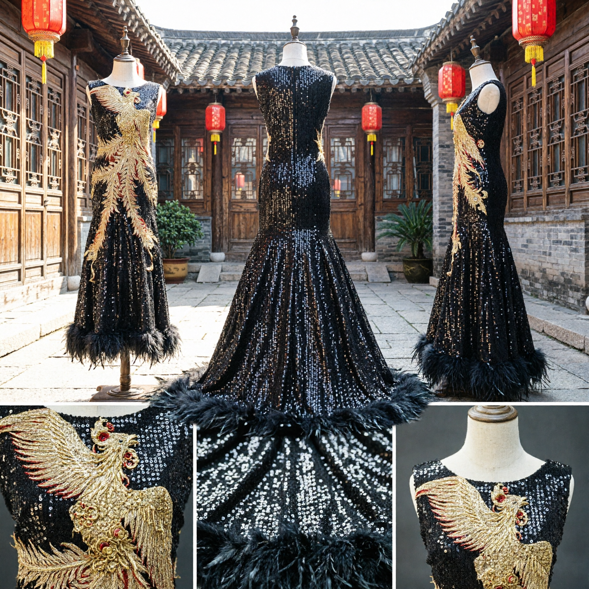 Luxury Black Sequin Mermaid Evening Gown Featuring Golden Phoenix Embroidery for Pageant and Stage Performance
