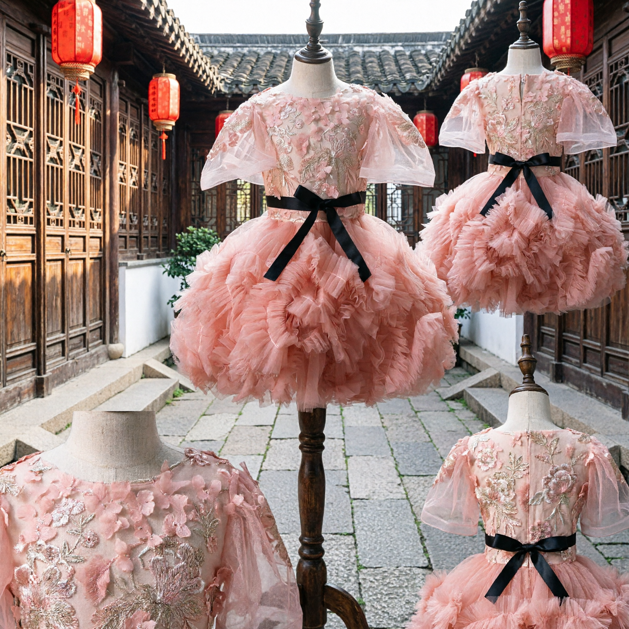 Girls Pink Floral Embroidered Tulle Tutu Dress with Black Sash Flower Girl Wedding Party Gown