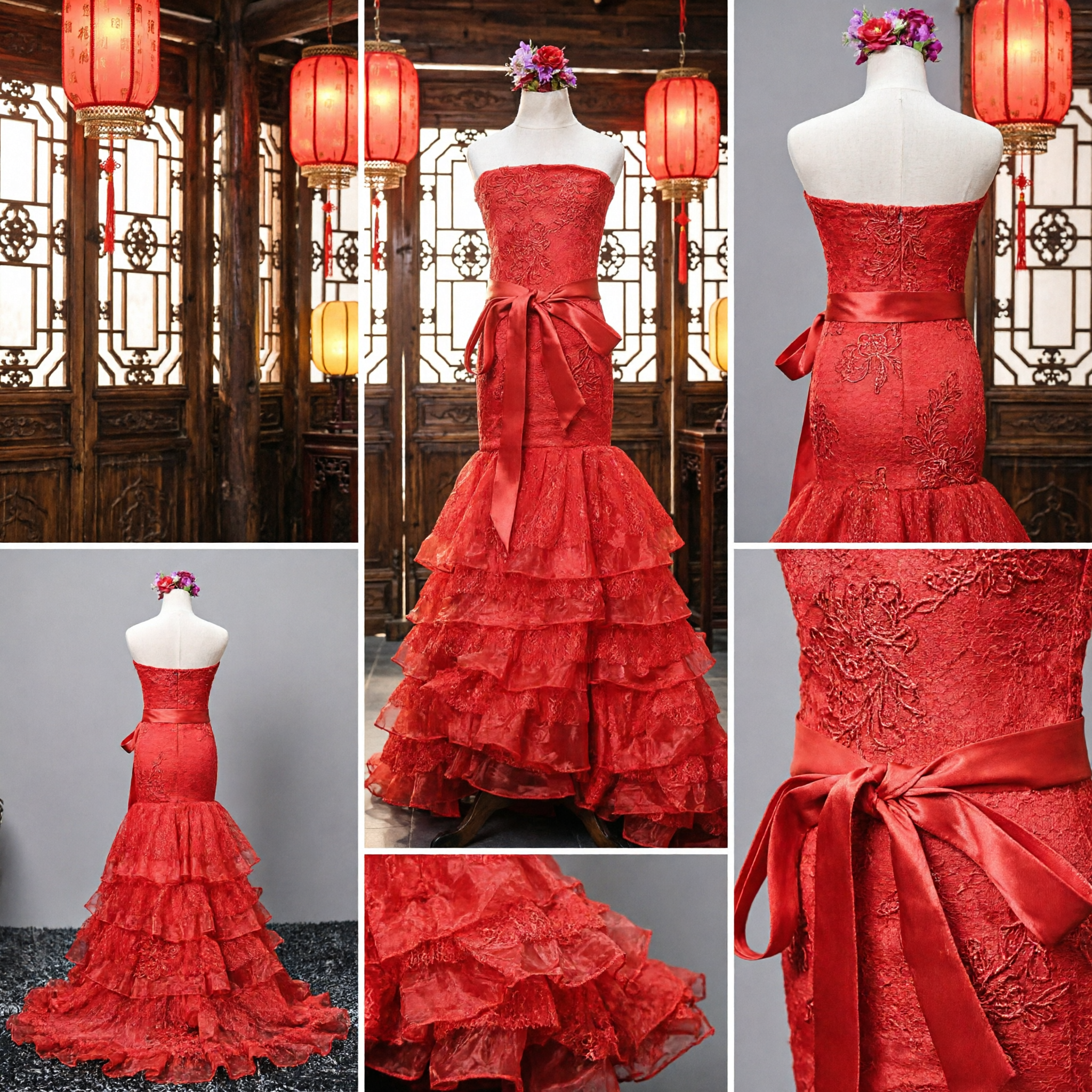 Elegant Red Strapless Mermaid Gown with Floral Lace and Tiered Ruffles for Formal Evening Performance