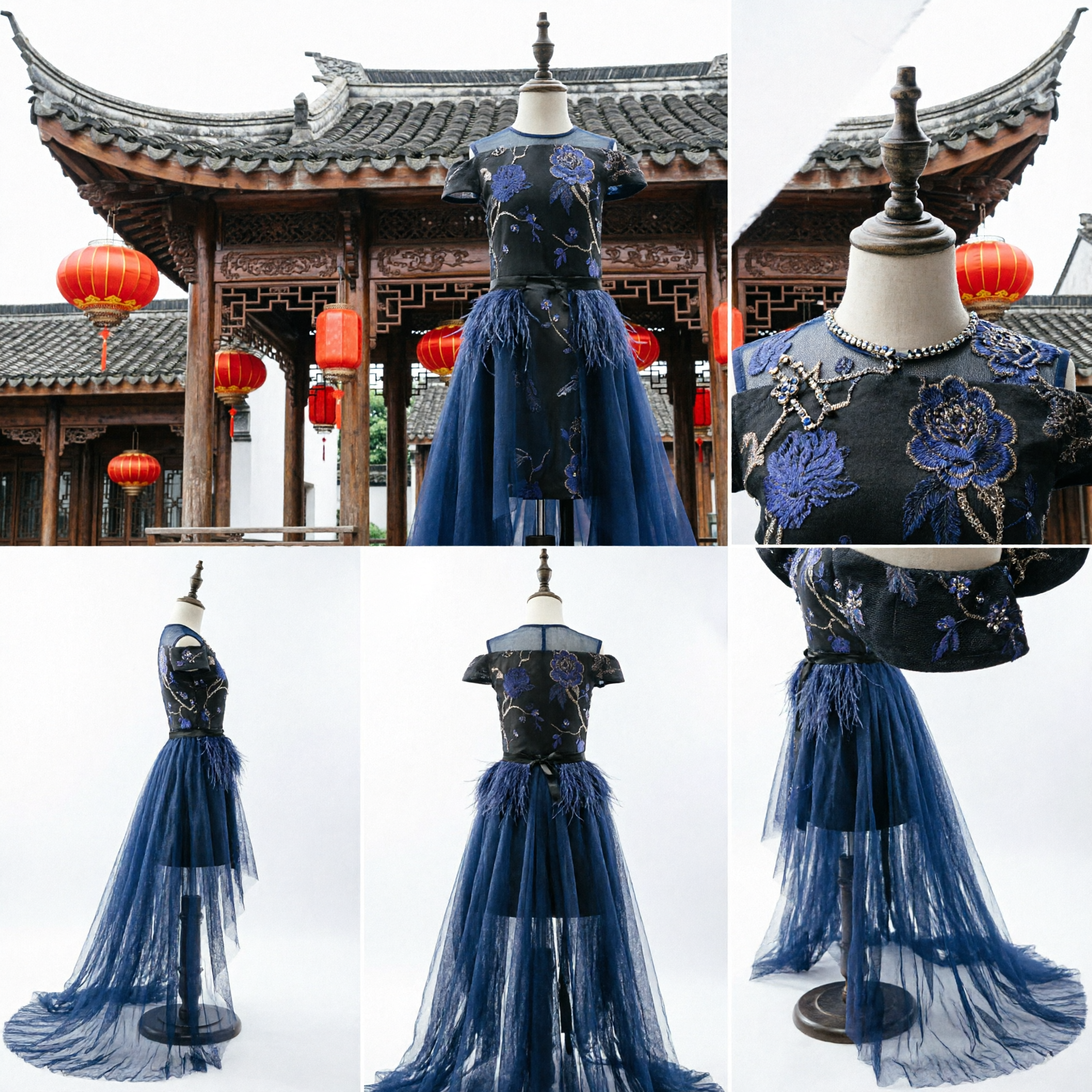 Elegant Blue Floral Embroidered Cheongsam Ballgown for Kids Traditional Chinese Evening Dress Stage Costume